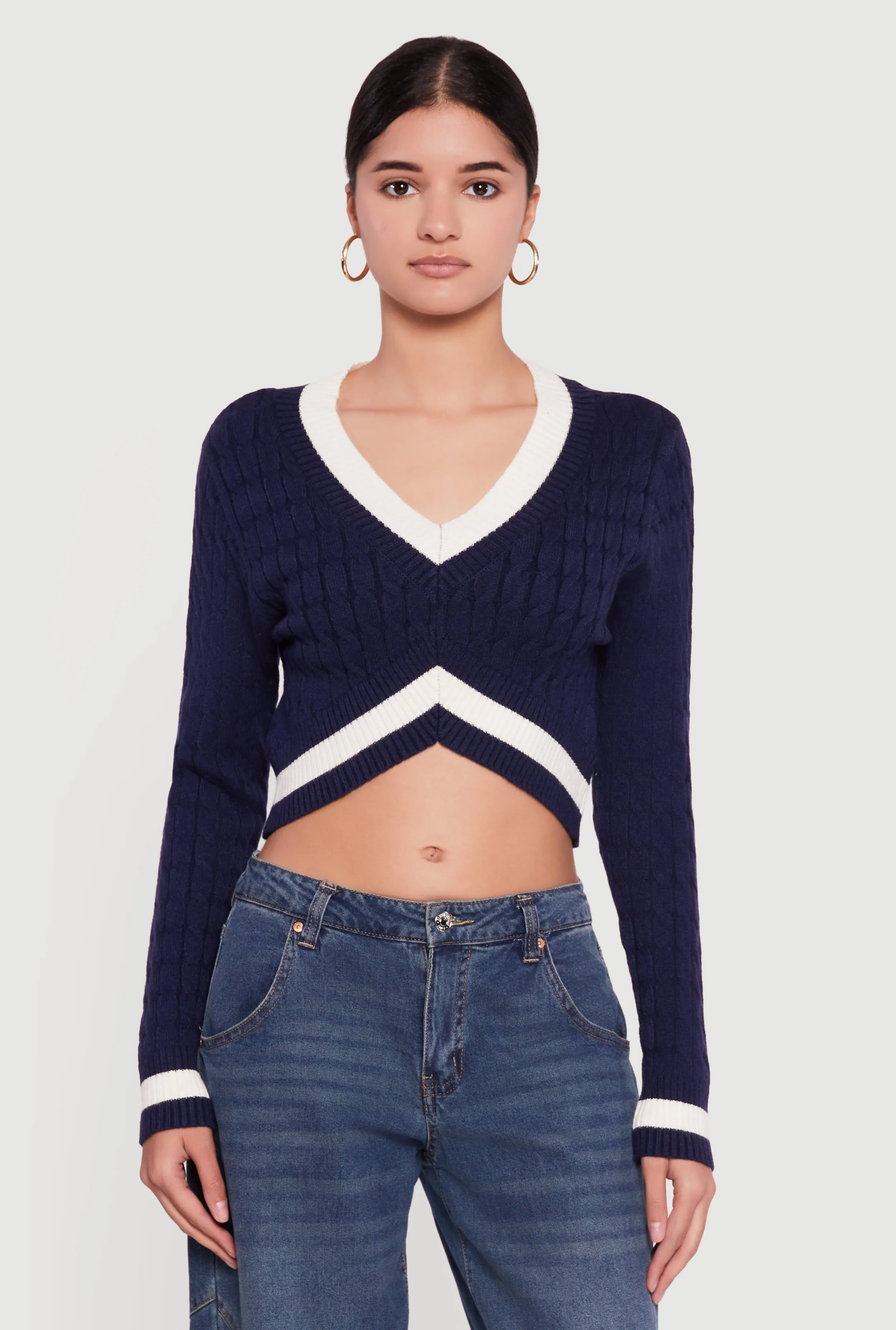 Contrast Trim Cable Knit Cropped Sweater sold by Rainbow product image thumbnail 2