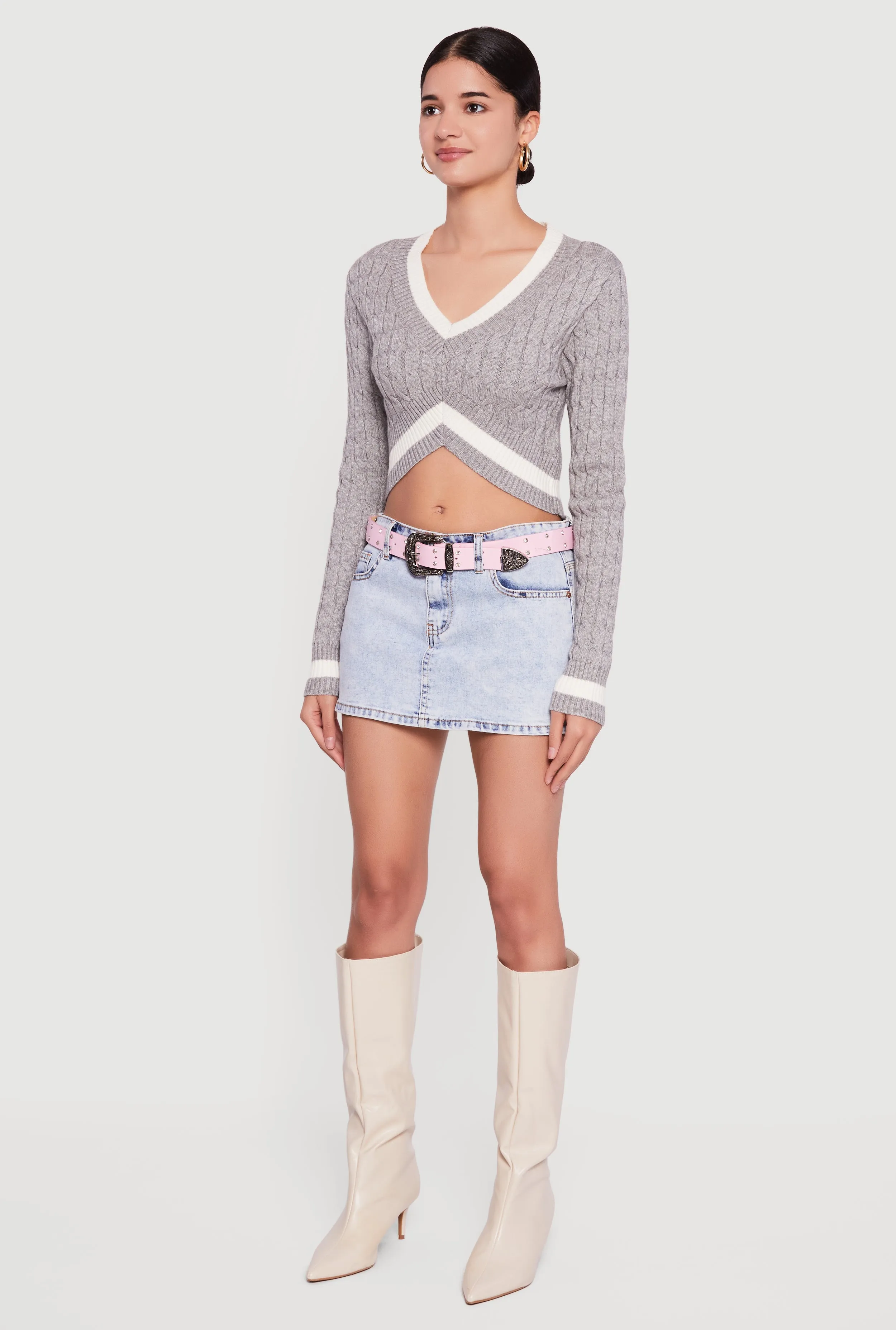 Contrast Trim Cable Knit Cropped Sweater sold by Rainbow product image thumbnail 5