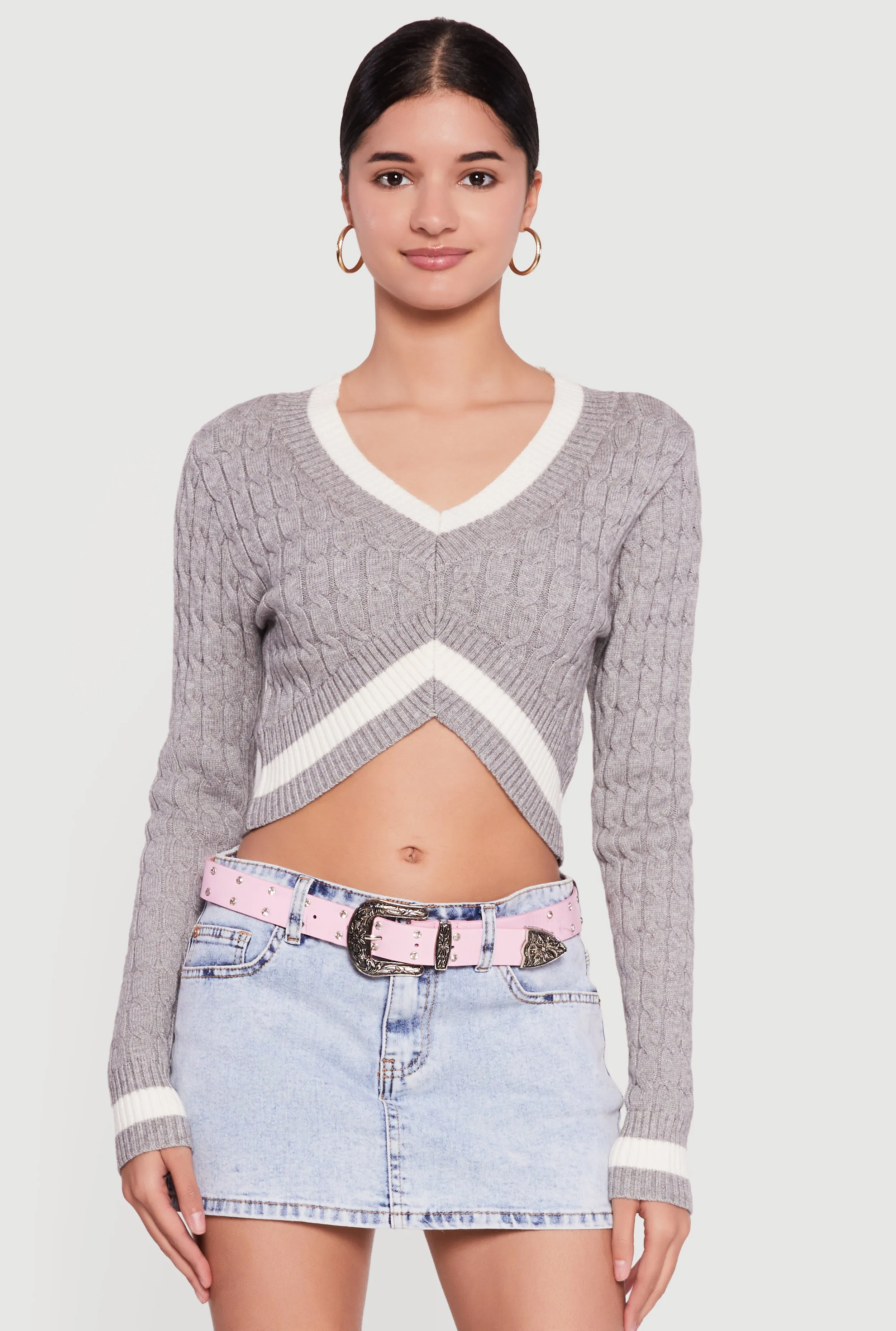 Contrast Trim Cable Knit Cropped Sweater sold by Rainbow product image thumbnail 2