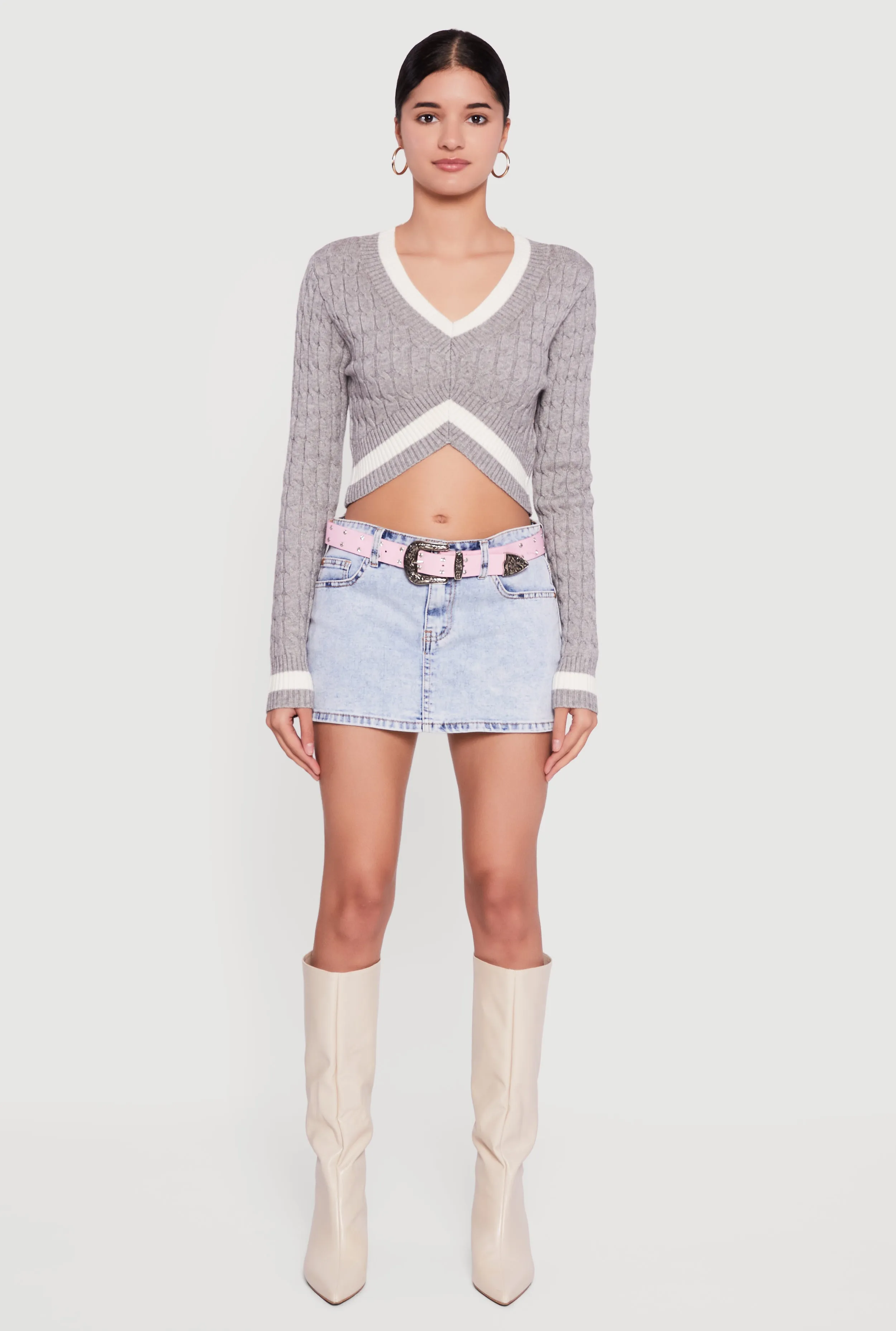 Contrast Trim Cable Knit Cropped Sweater sold by Rainbow product image thumbnail 3