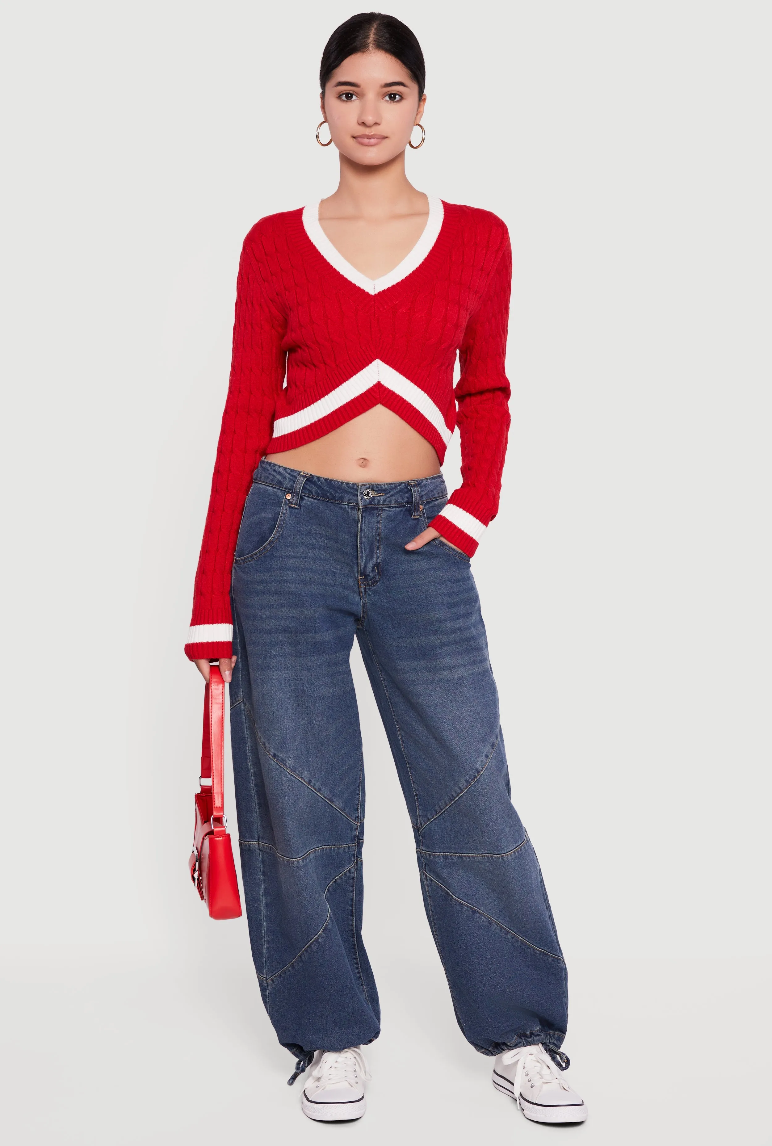 Contrast Trim Cable Knit Cropped Sweater sold by Rainbow
