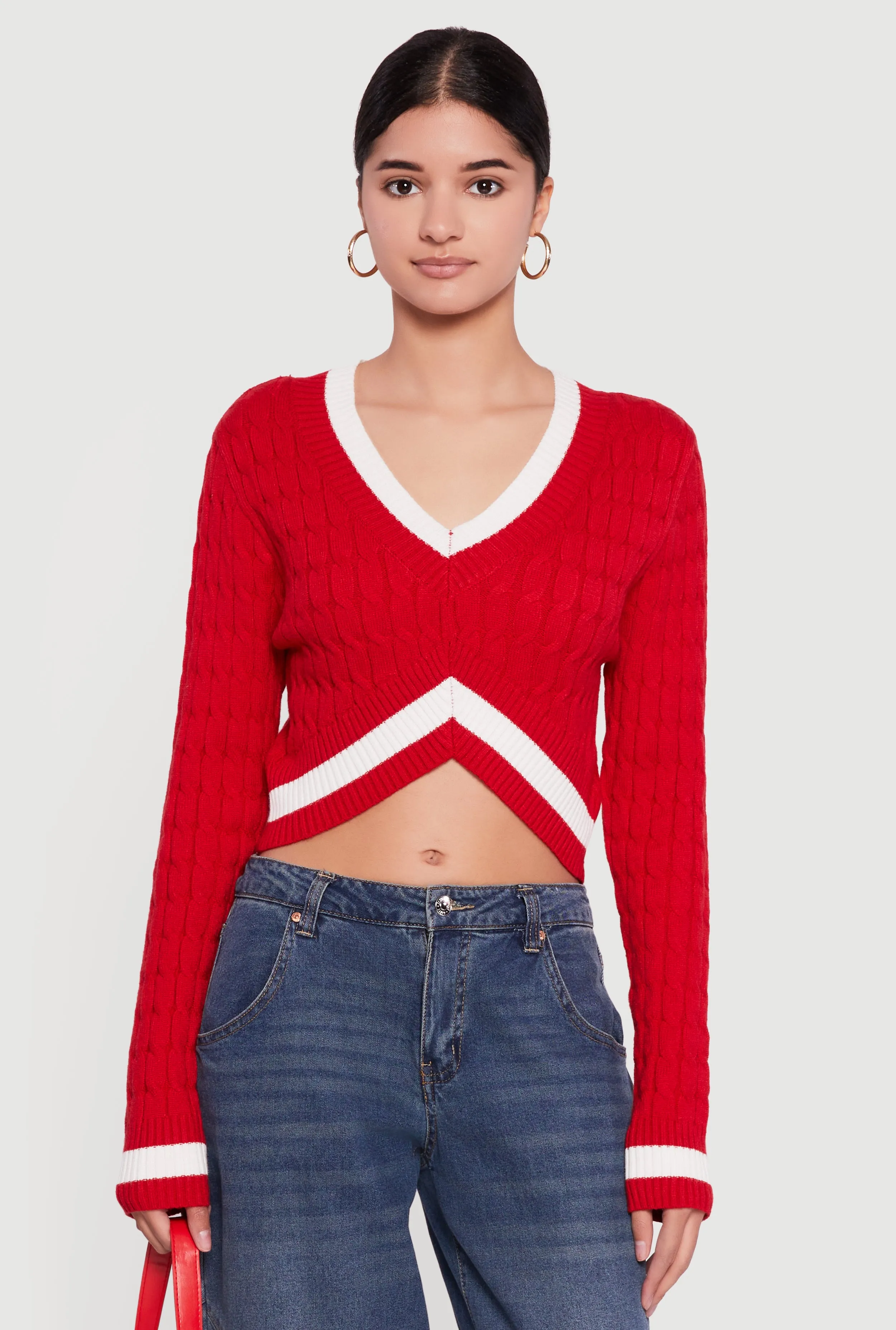 Contrast Trim Cable Knit Cropped Sweater sold by Rainbow product image thumbnail 2