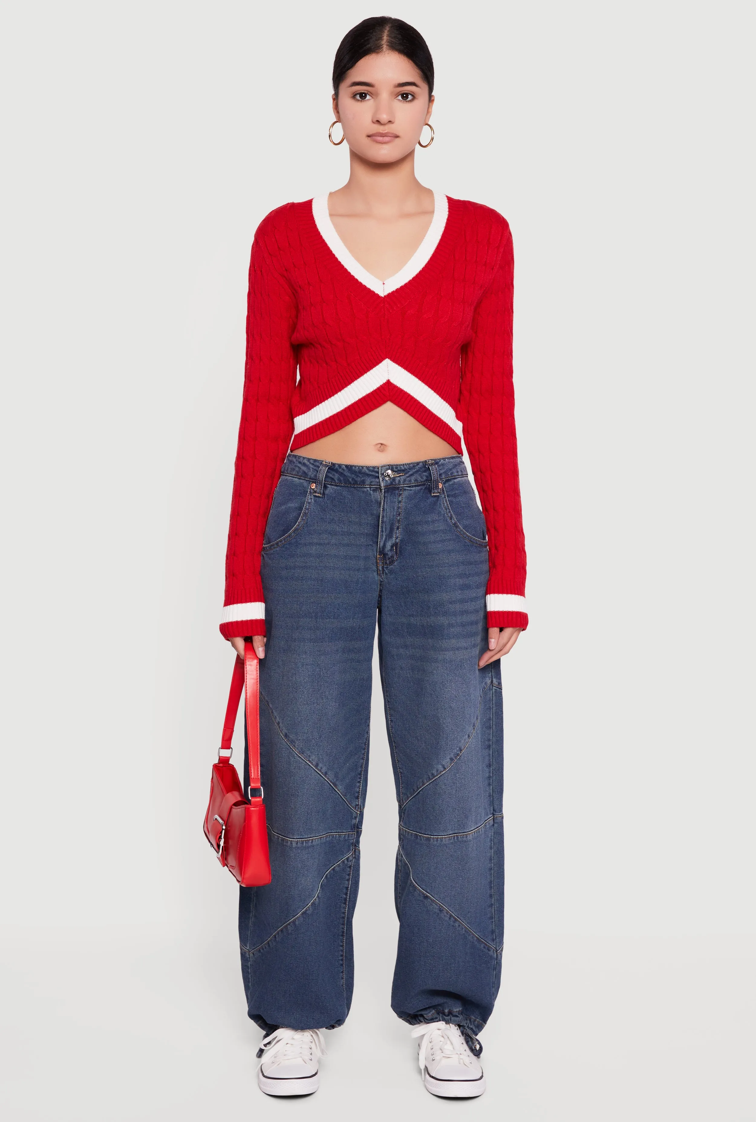 Contrast Trim Cable Knit Cropped Sweater sold by Rainbow product image thumbnail 3