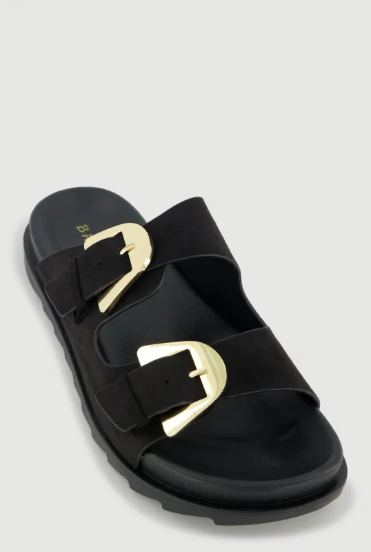 Faux Suede Double Metallic Buckle Slide Sandals sold by Rainbow