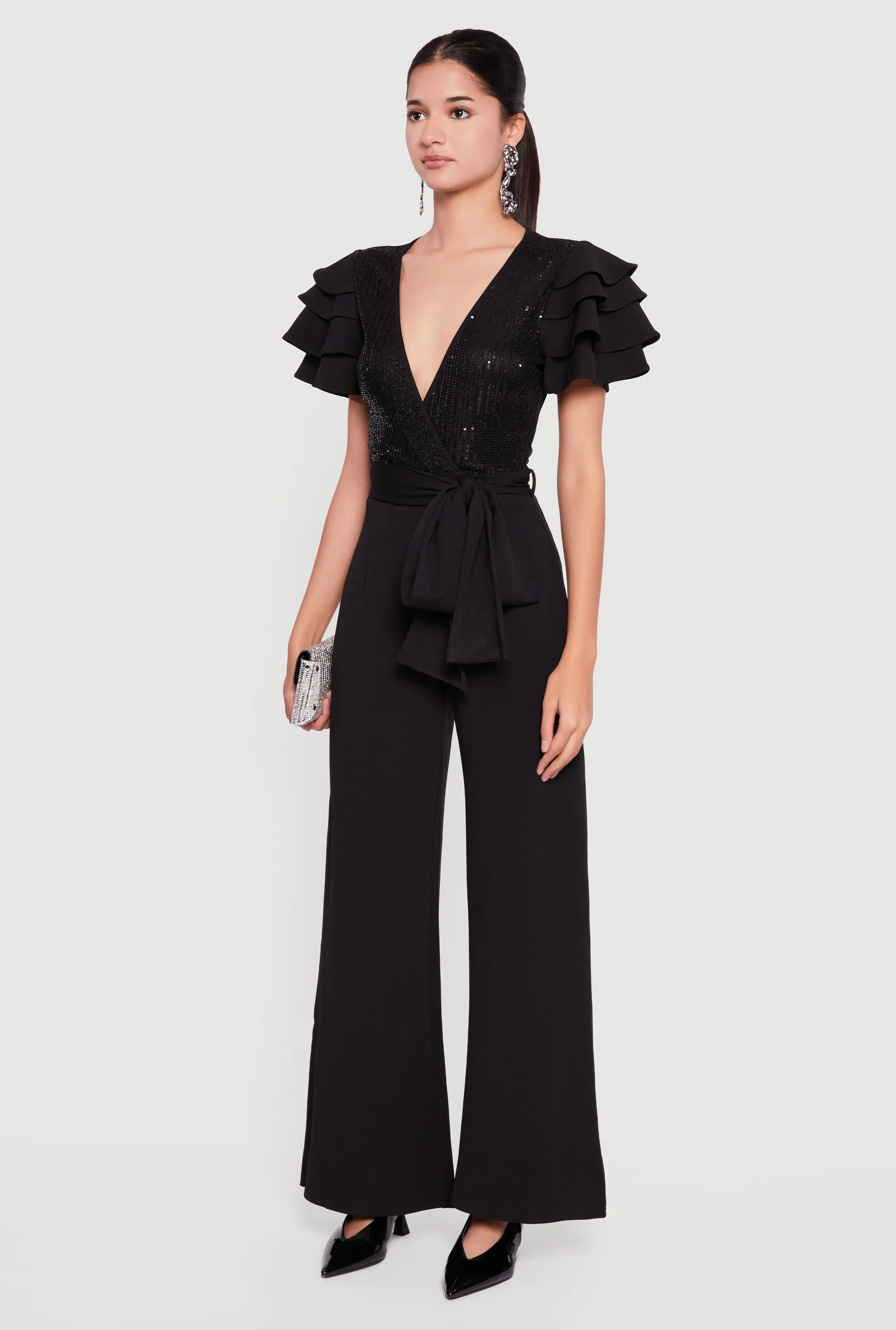 Tiered Sleeve Tie Waist Belted Faux Wrap Jumpsuit sold by Rainbow product image thumbnail 3
