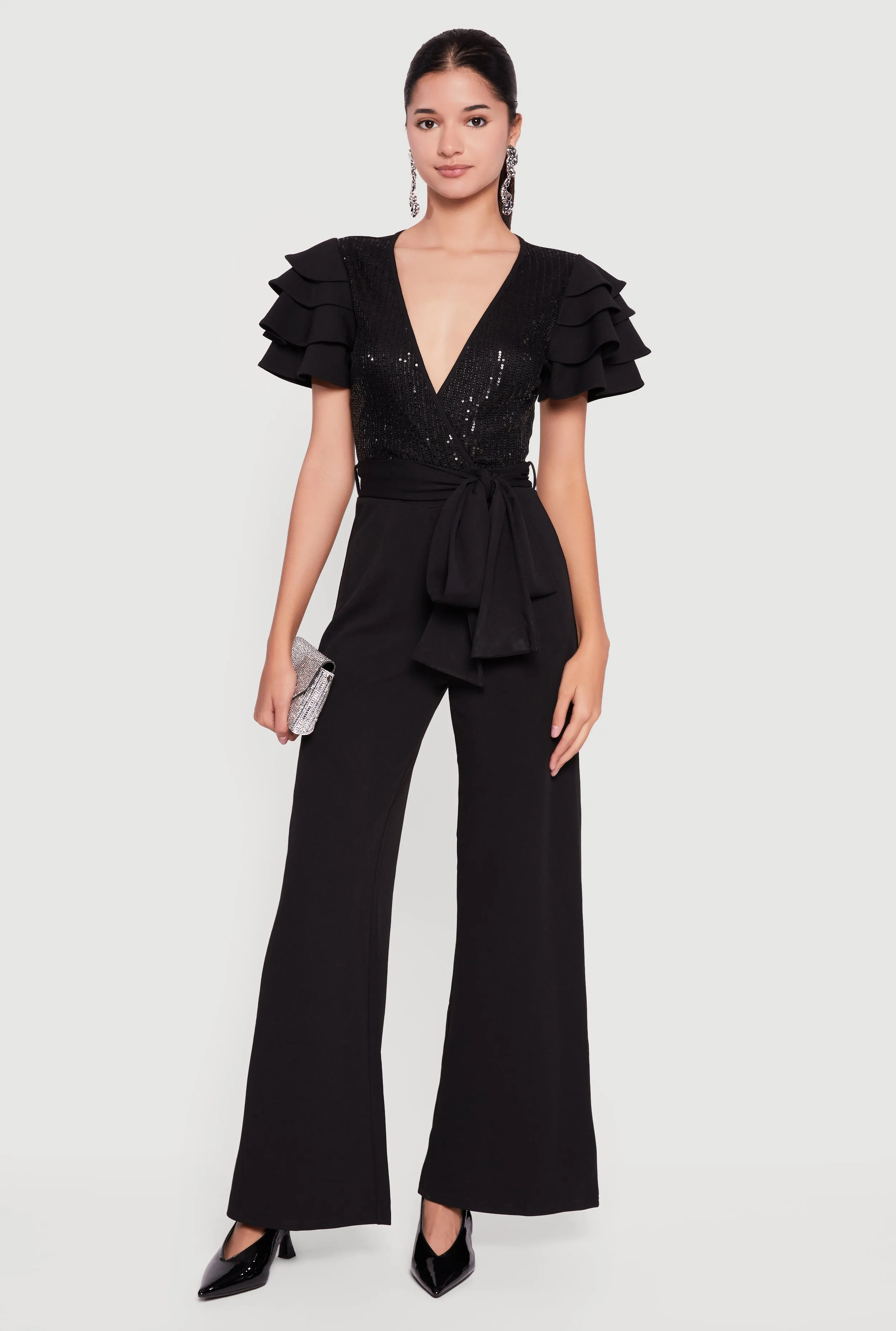 Tiered Sleeve Tie Waist Belted Faux Wrap Jumpsuit sold by Rainbow
