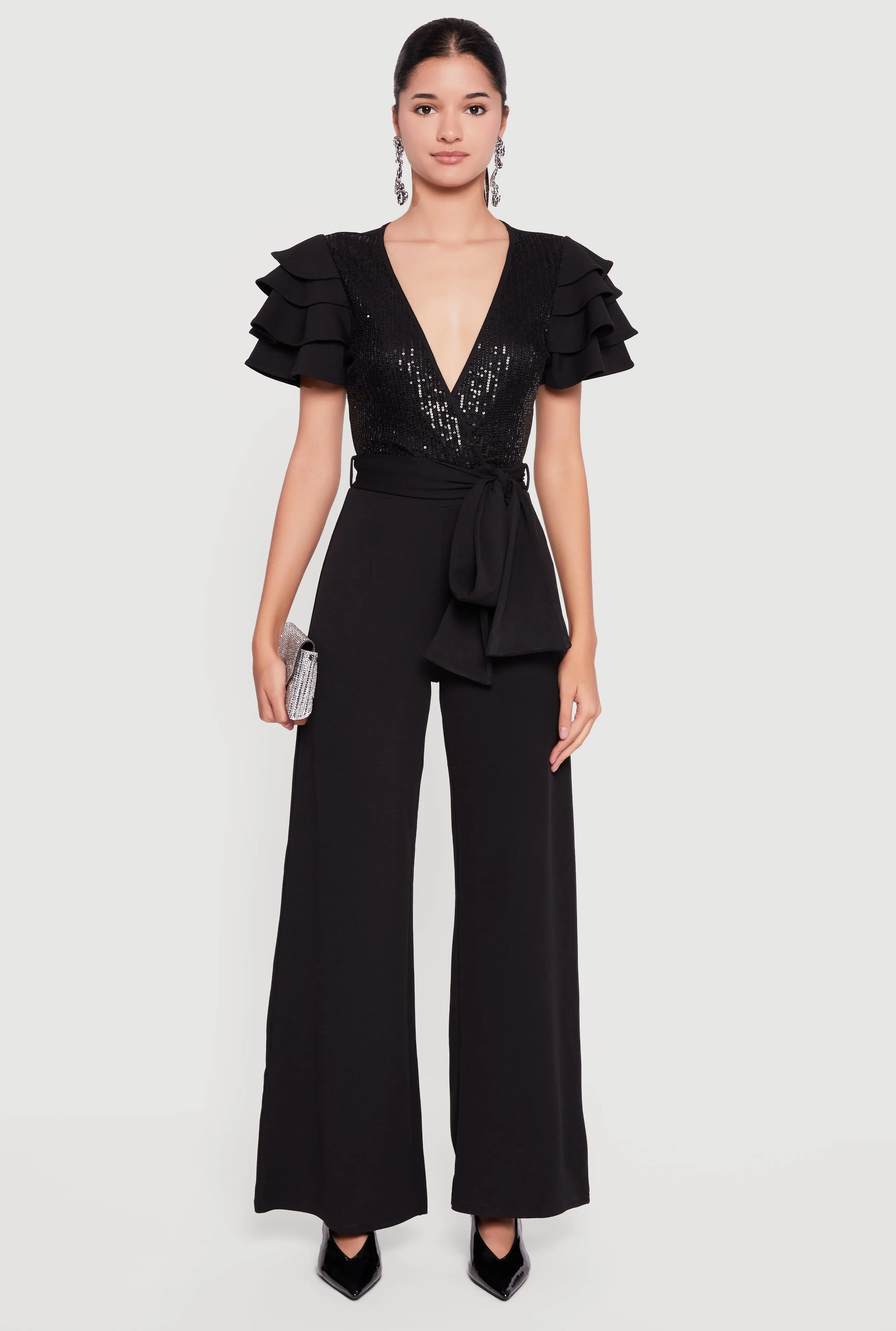 Tiered Sleeve Tie Waist Belted Faux Wrap Jumpsuit sold by Rainbow product image thumbnail 2