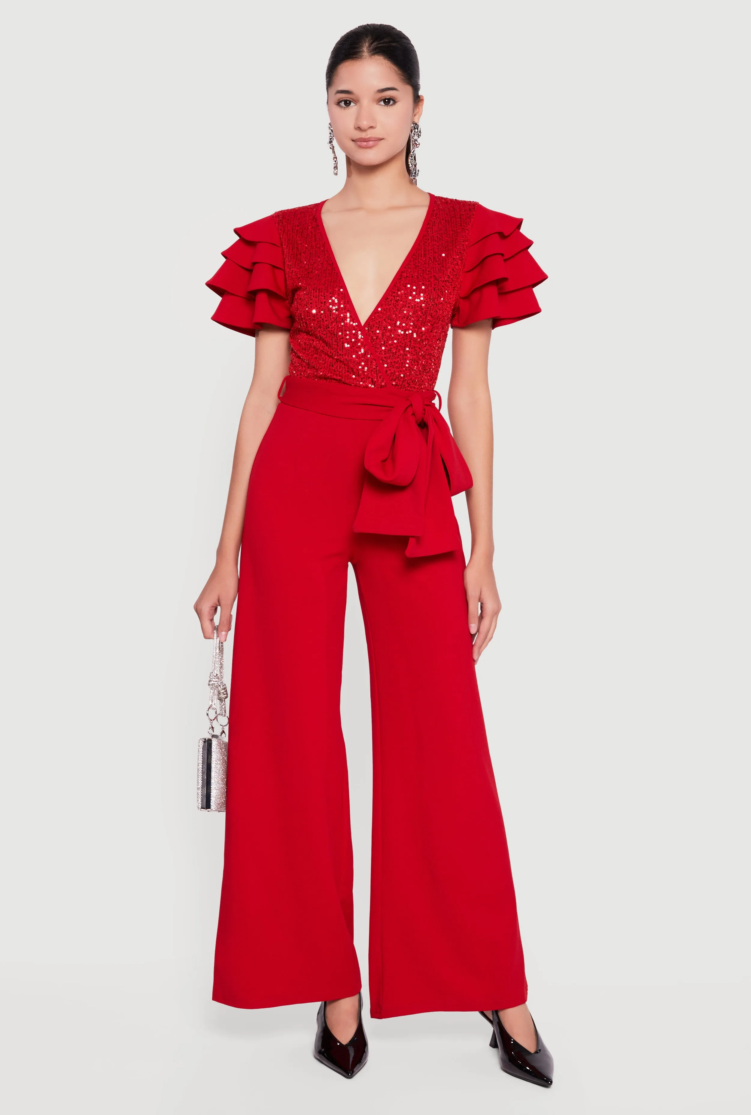 Tiered Sleeve Tie Waist Belted Faux Wrap Jumpsuit sold by Rainbow