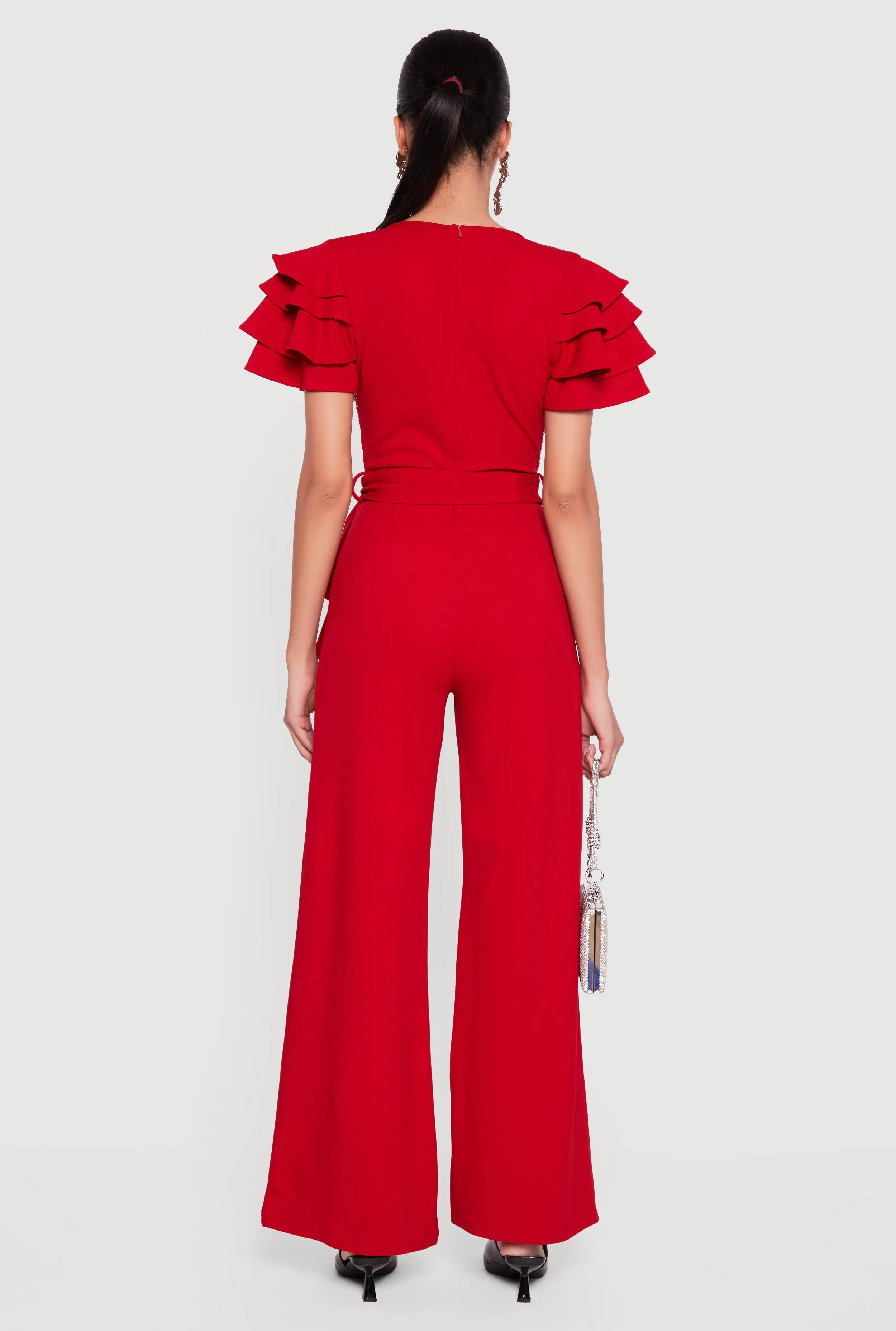 Tiered Sleeve Tie Waist Belted Faux Wrap Jumpsuit sold by Rainbow product image thumbnail 5