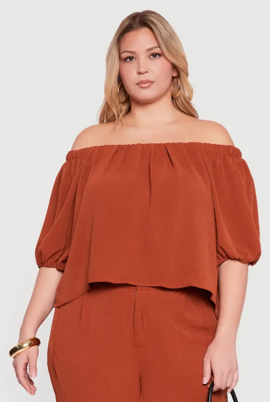 Plus Size Off Shoulder Puff Sleeve Crepe Knit Blouse sold by Rainbow