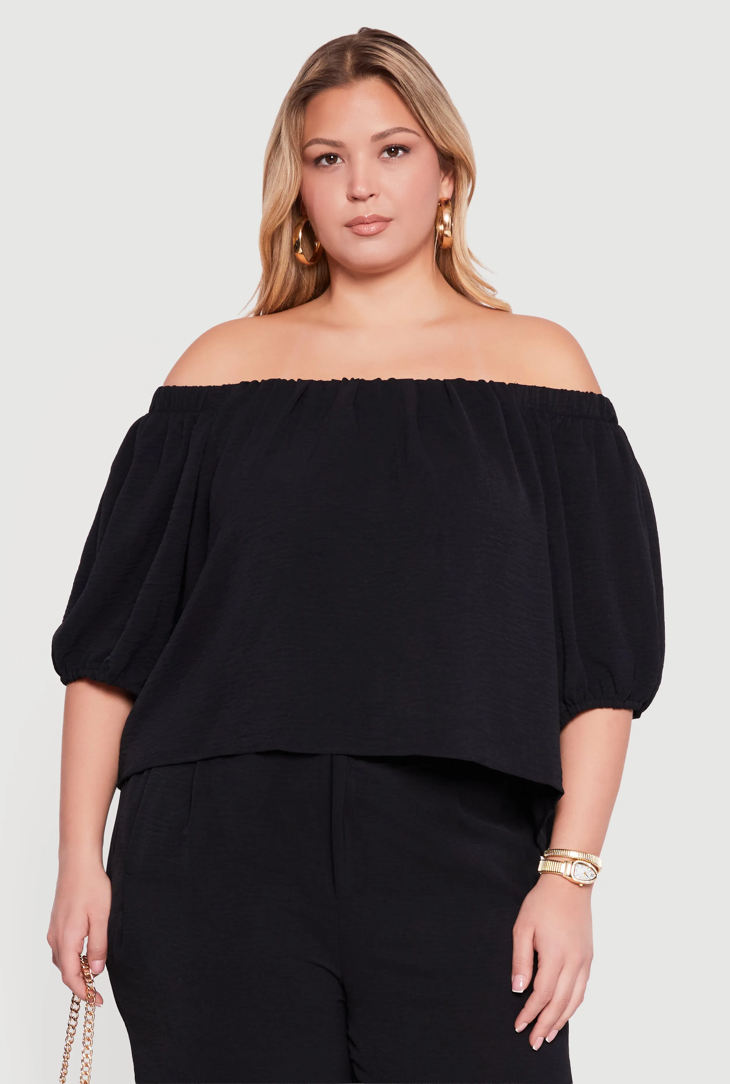 Plus Size Off Shoulder Puff Sleeve Crepe Knit Blouse sold by Rainbow product image thumbnail 2