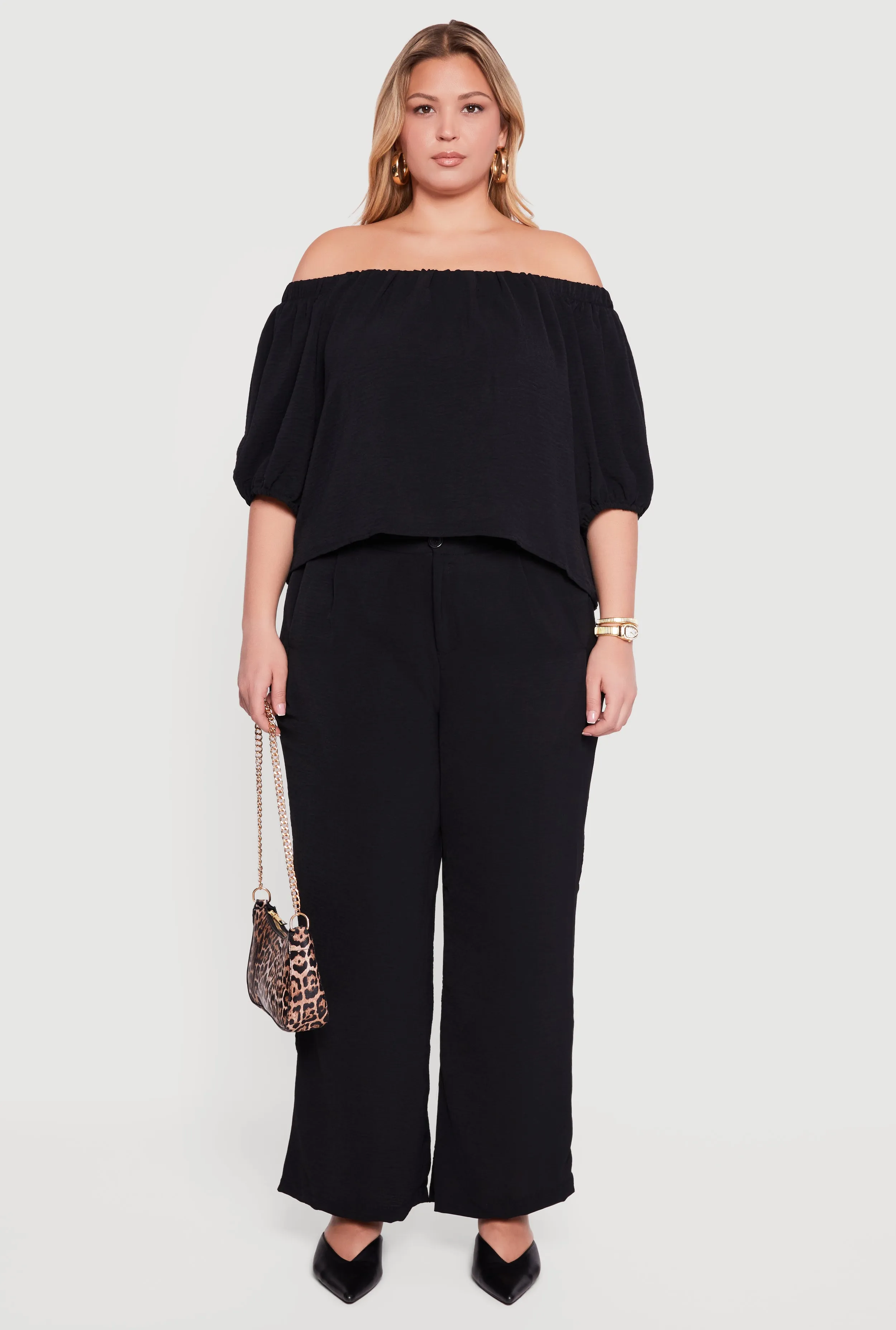 Plus Size Off Shoulder Puff Sleeve Crepe Knit Blouse sold by Rainbow product image thumbnail 3