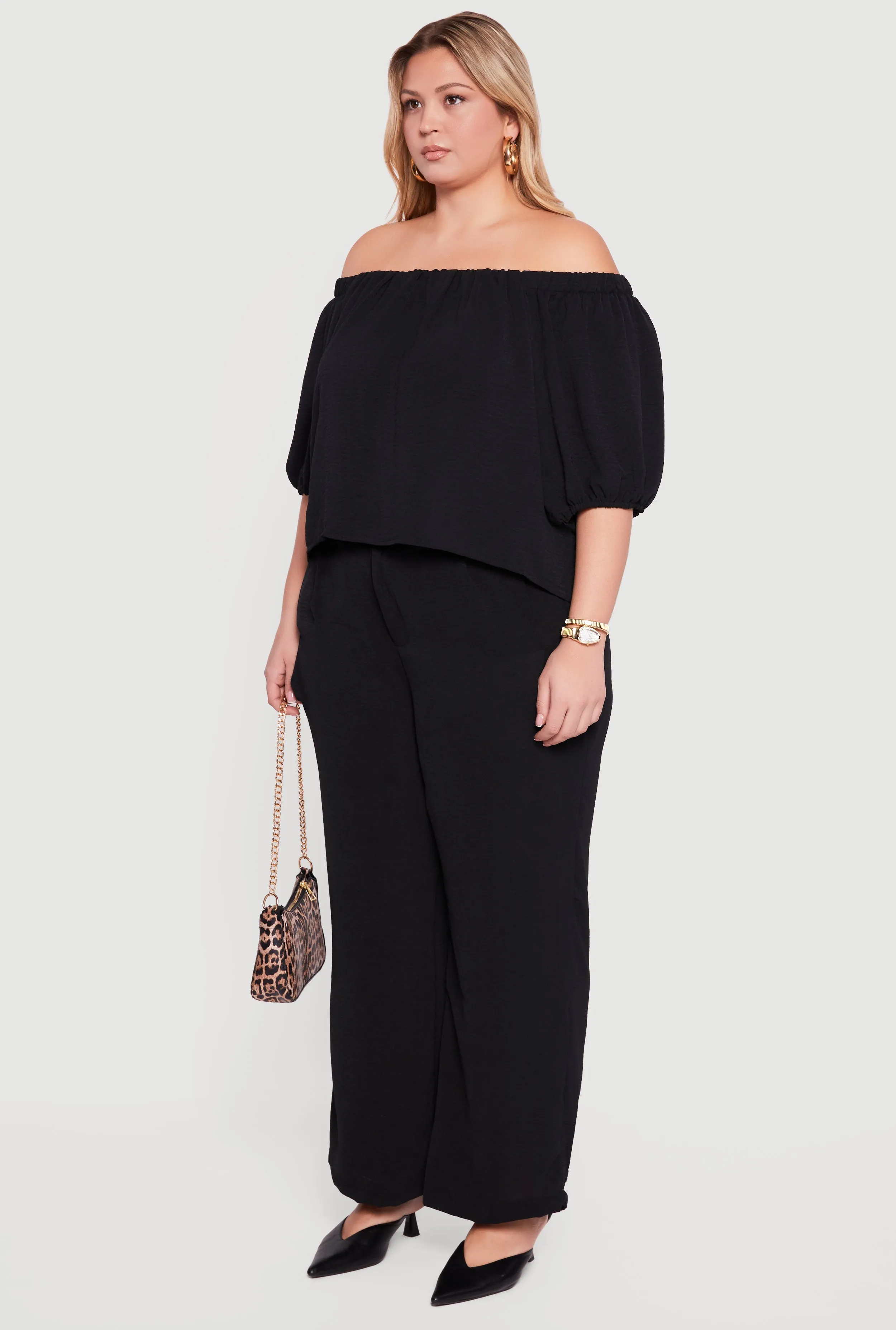 Plus Size Off Shoulder Puff Sleeve Crepe Knit Blouse sold by Rainbow product image thumbnail 5