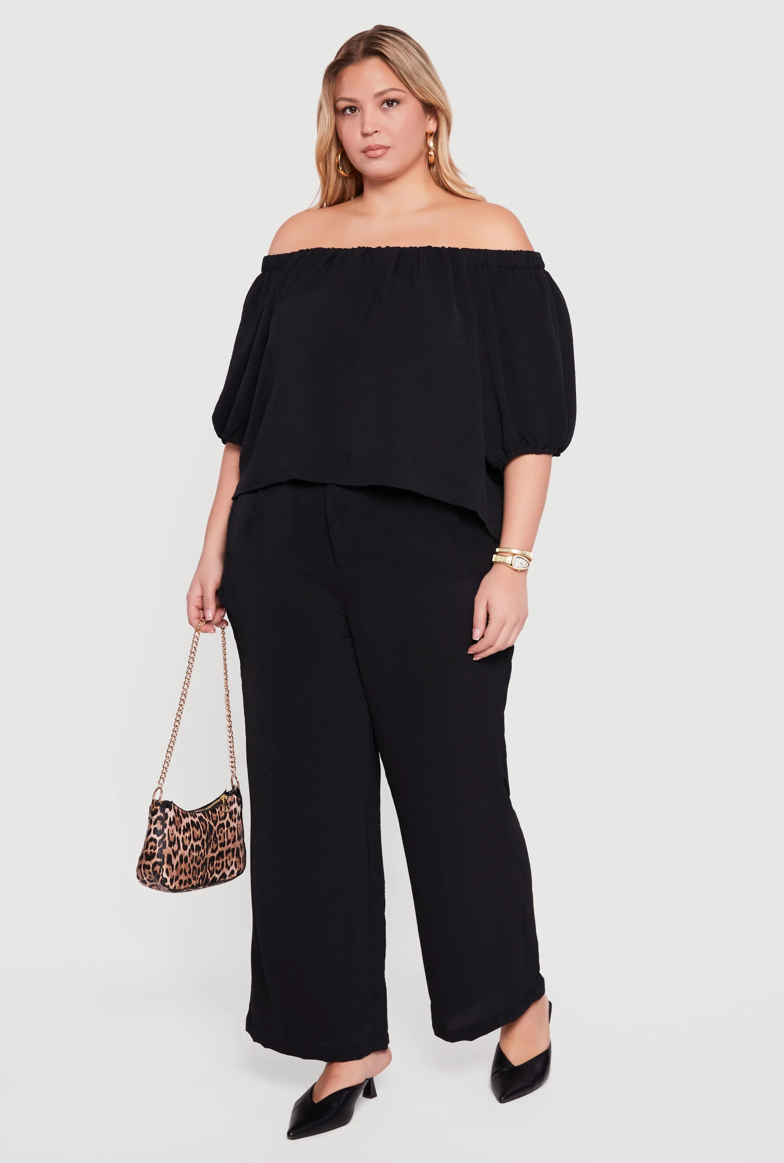 Plus Size Off Shoulder Puff Sleeve Crepe Knit Blouse sold by Rainbow product image thumbnail 2