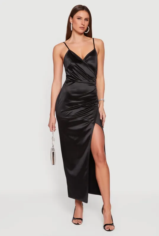Satin Ruched Faux Wrap Maxi Dress with Side Slit sold by Rainbow