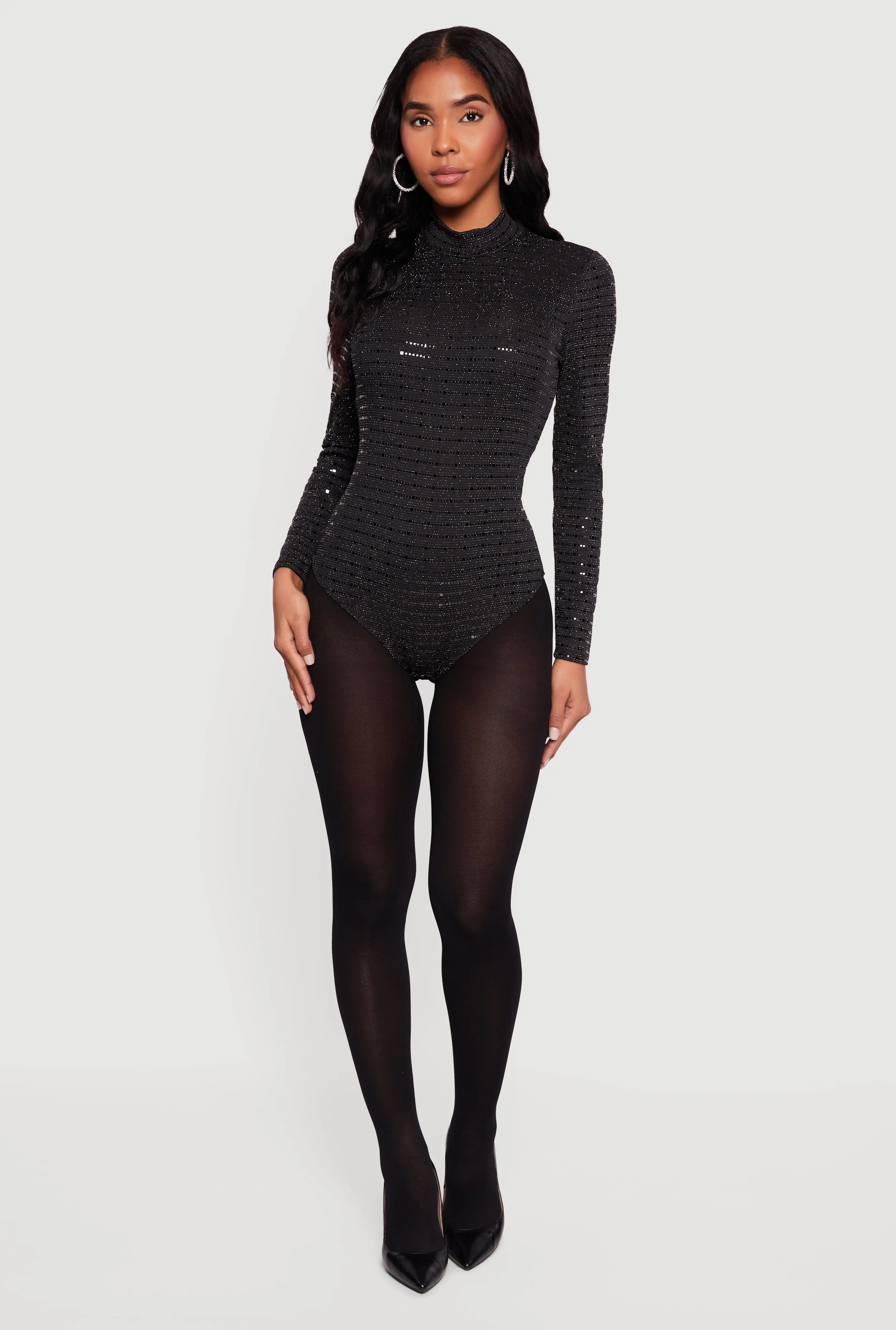 Foiled Lurex Long Sleeve Mock Neck Bodysuit sold by Rainbow
