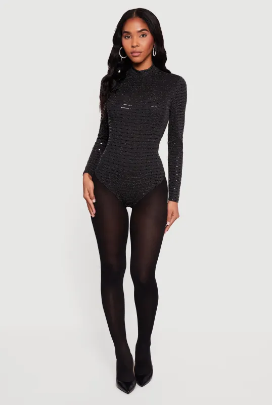 Foiled Lurex Long Sleeve Mock Neck Bodysuit made by iris