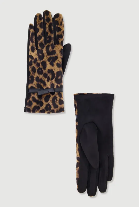 Bow Detail Faux Suede Leopard Print Gloves sold by Rainbow