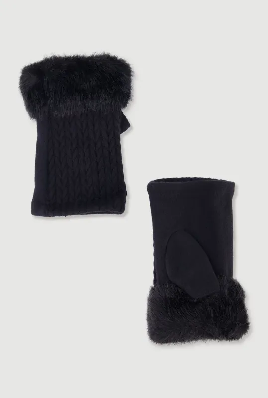 Faux Fur Trim Cable Knit Detail Fingerless Gloves sold by Rainbow