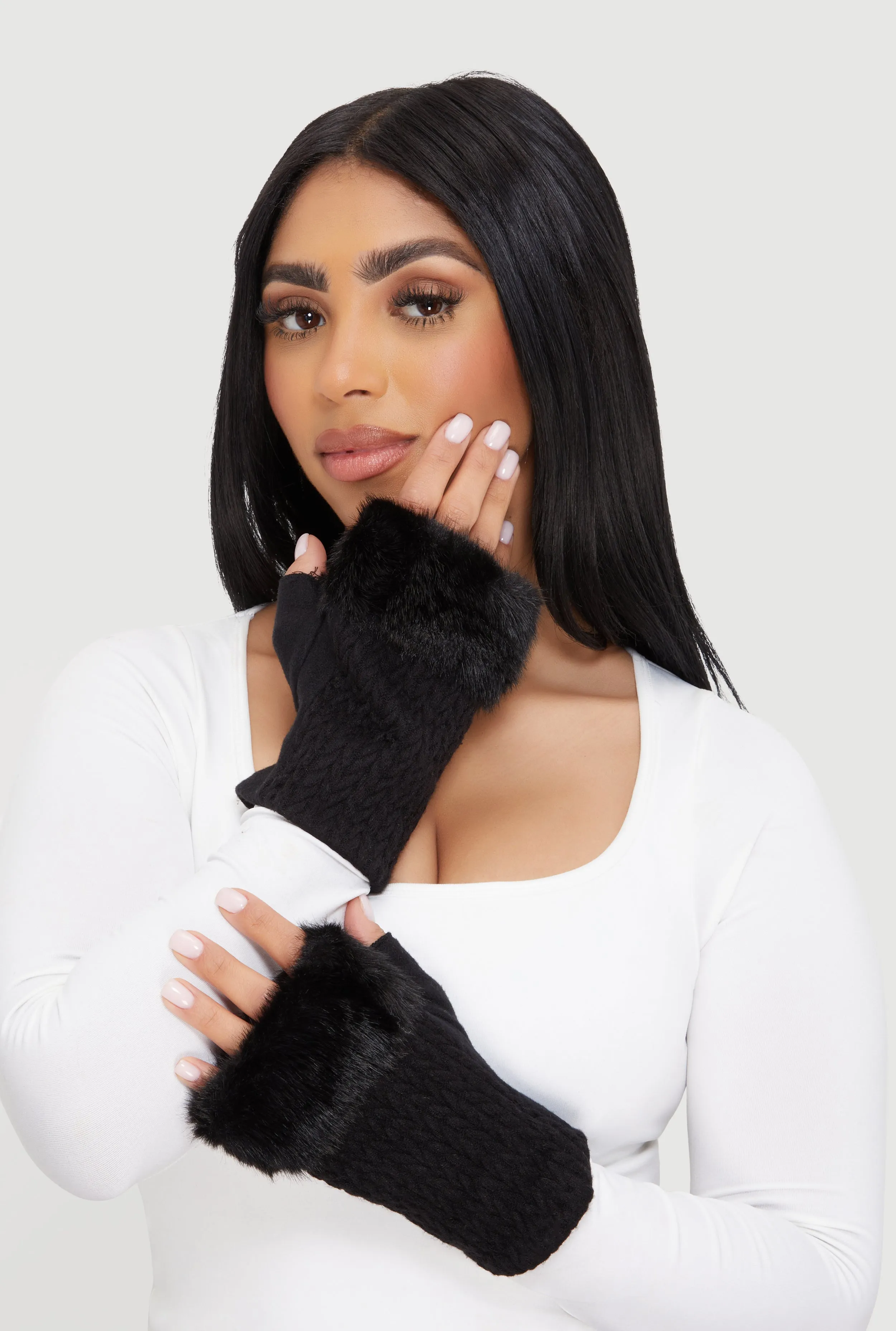 Faux Fur Trim Cable Knit Detail Fingerless Gloves sold by Rainbow product image thumbnail 2