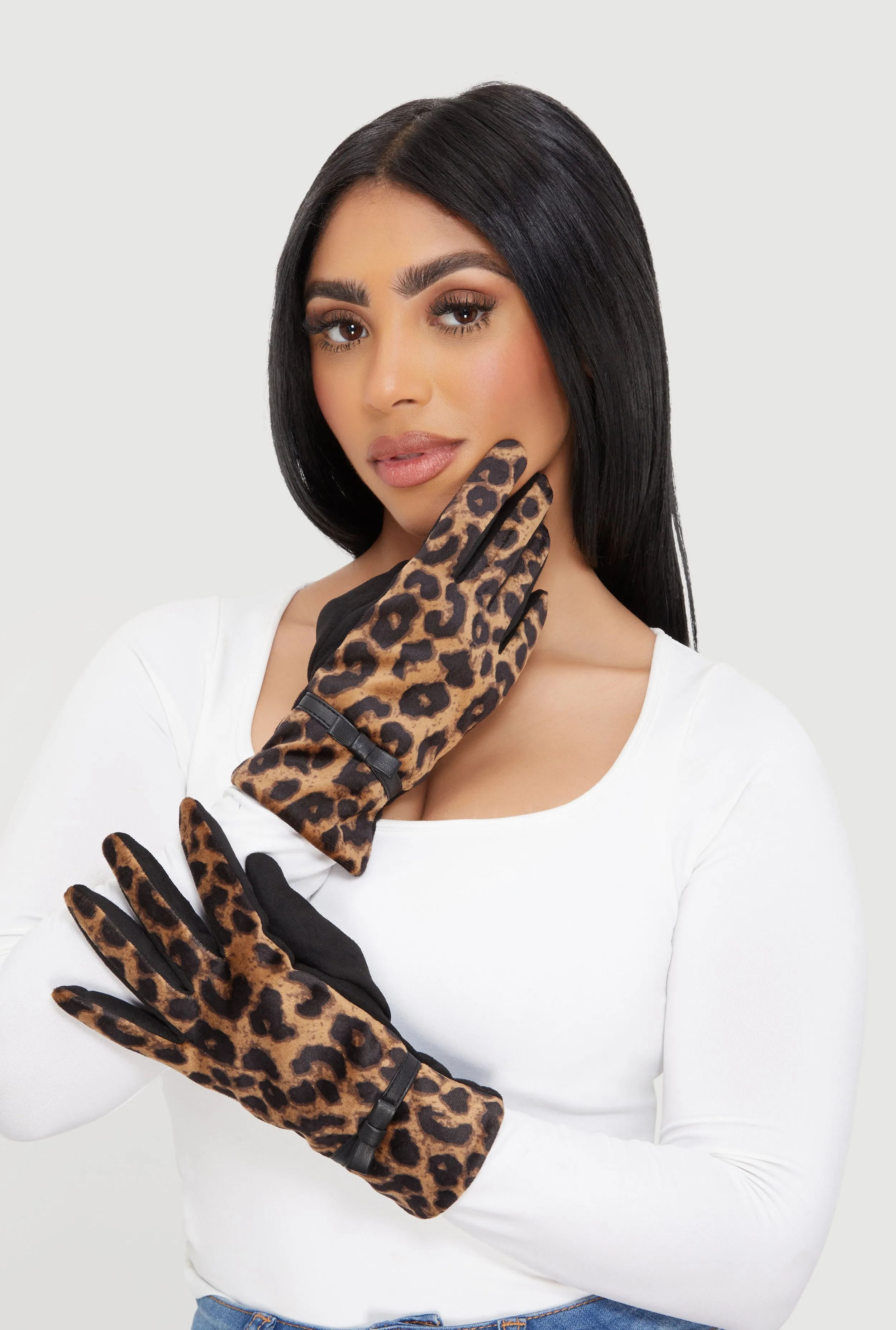 Bow Detail Faux Suede Leopard Print Gloves sold by Rainbow product image thumbnail 2