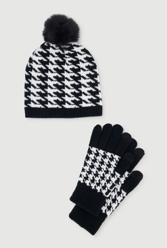 Houndstooth Pom Pom Beanie and Gloves Set sold by Rainbow
