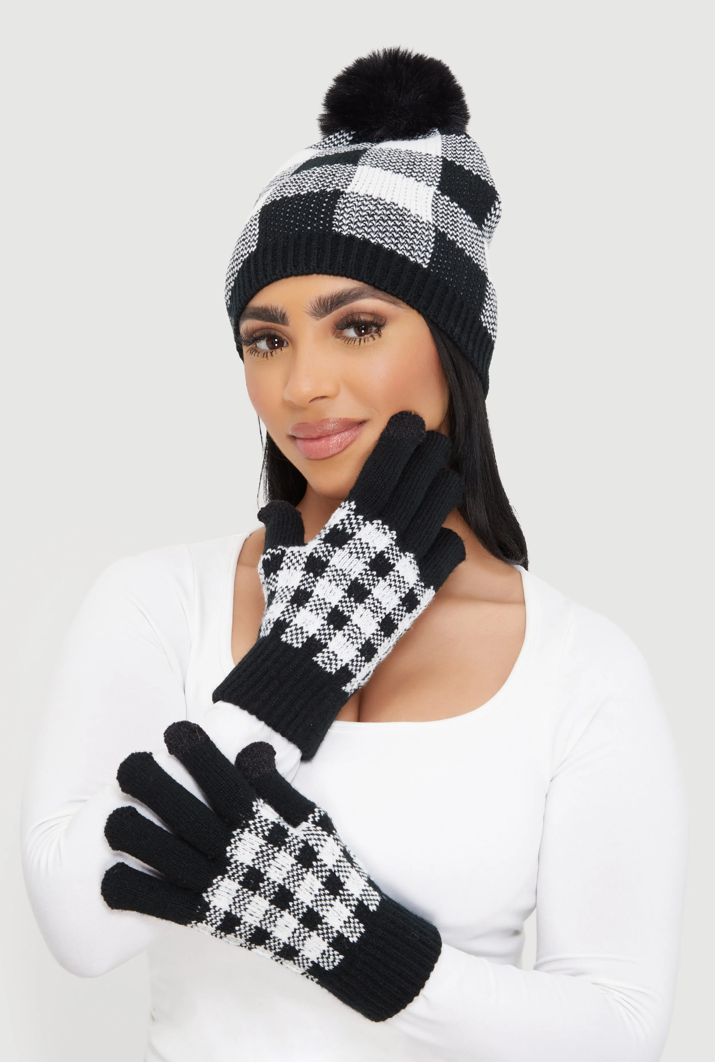 Gingham Pom Pom Beanie and Gloves Set sold by Rainbow product image thumbnail 2