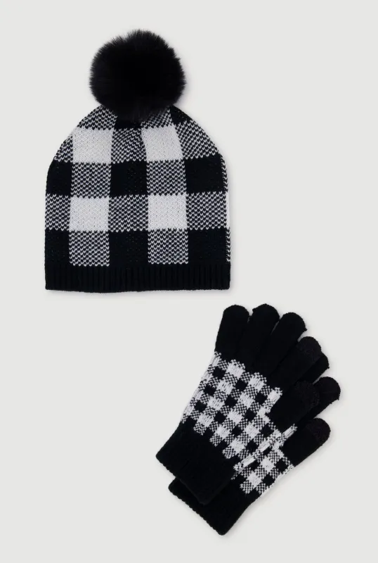 Gingham Pom Pom Beanie and Gloves Set sold by Rainbow