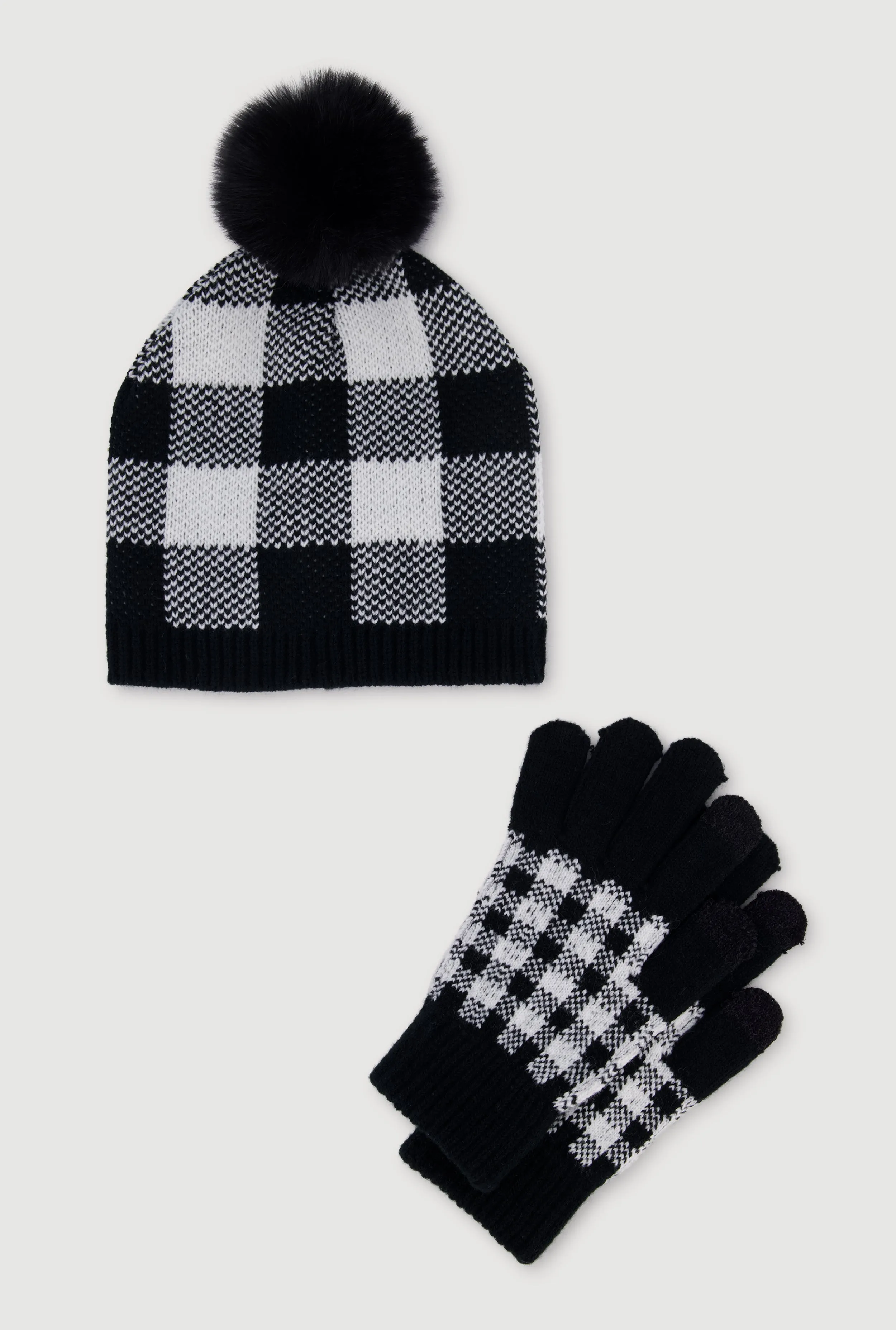 Gingham Pom Pom Beanie and Gloves Set sold by Rainbow