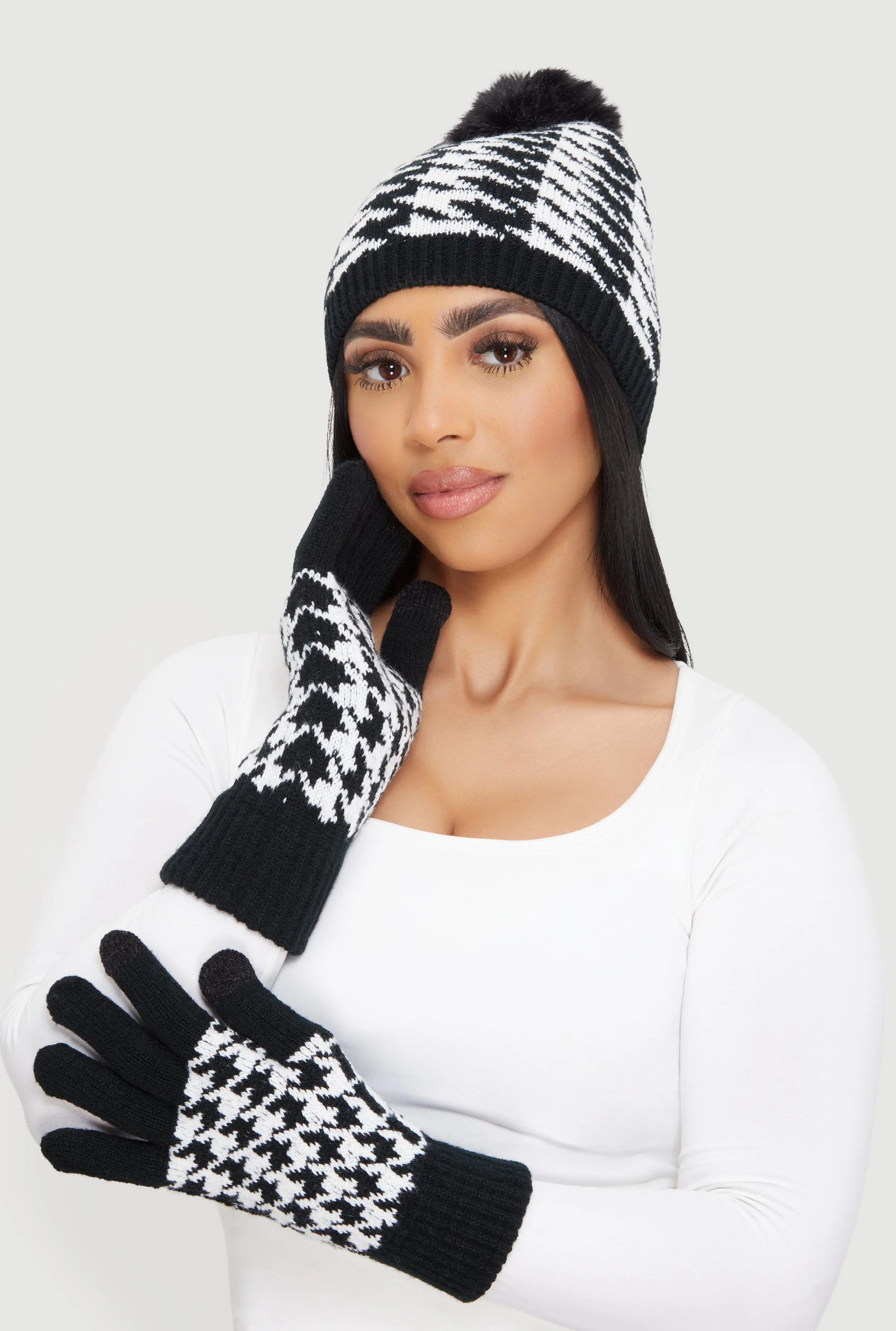 Houndstooth Pom Pom Beanie and Gloves Set sold by Rainbow product image thumbnail 2