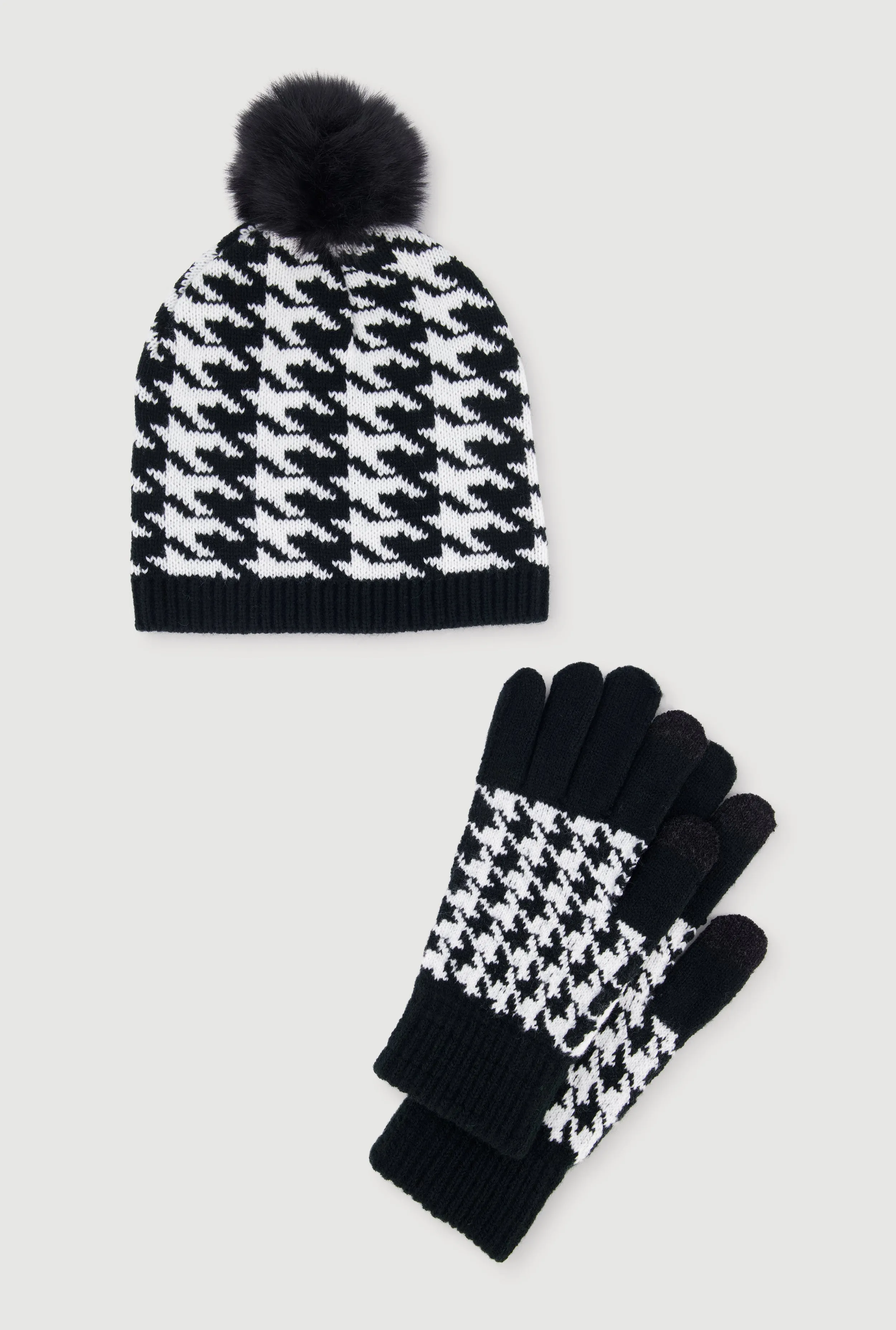 Houndstooth Pom Pom Beanie and Gloves Set sold by Rainbow