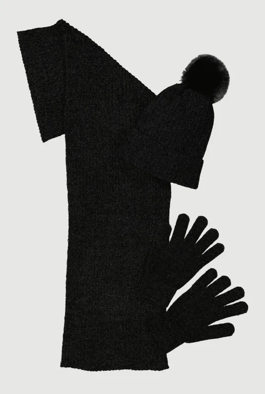 Chenille Scarf with Pom Pom Beanie and Gloves Set sold by Rainbow