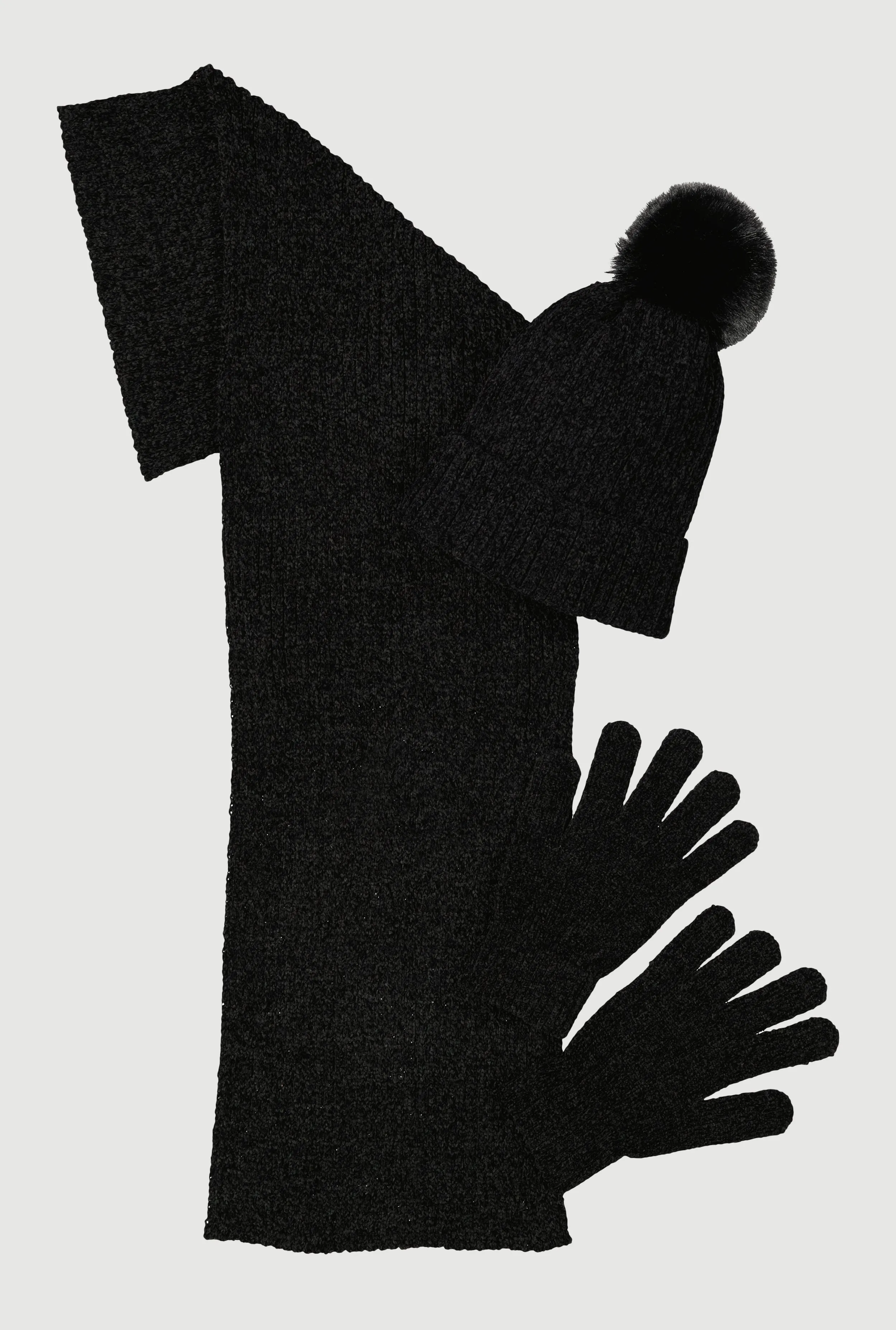 Chenille Scarf with Pom Pom Beanie and Gloves Set sold by Rainbow