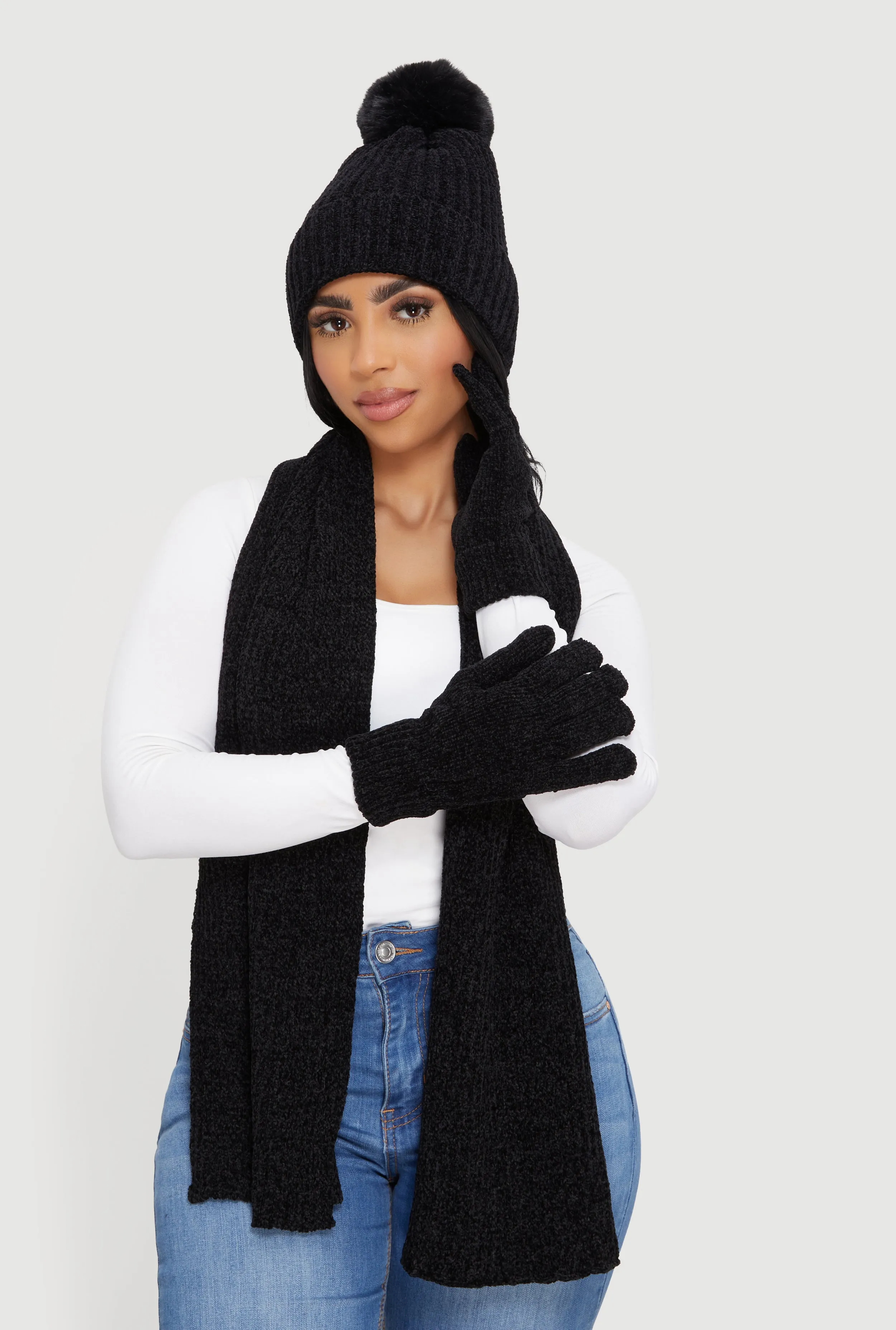 Chenille Scarf with Pom Pom Beanie and Gloves Set sold by Rainbow product image thumbnail 2