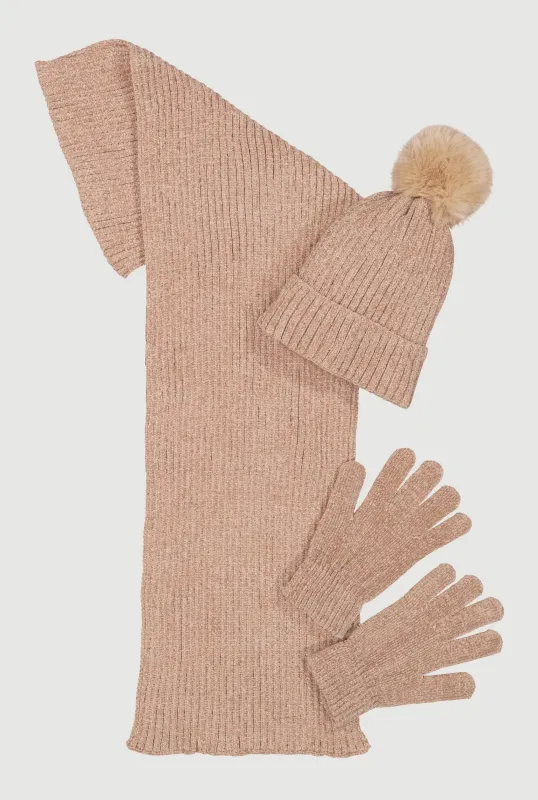 Chenille Scarf with Pom Pom Beanie and Gloves Set sold by Rainbow