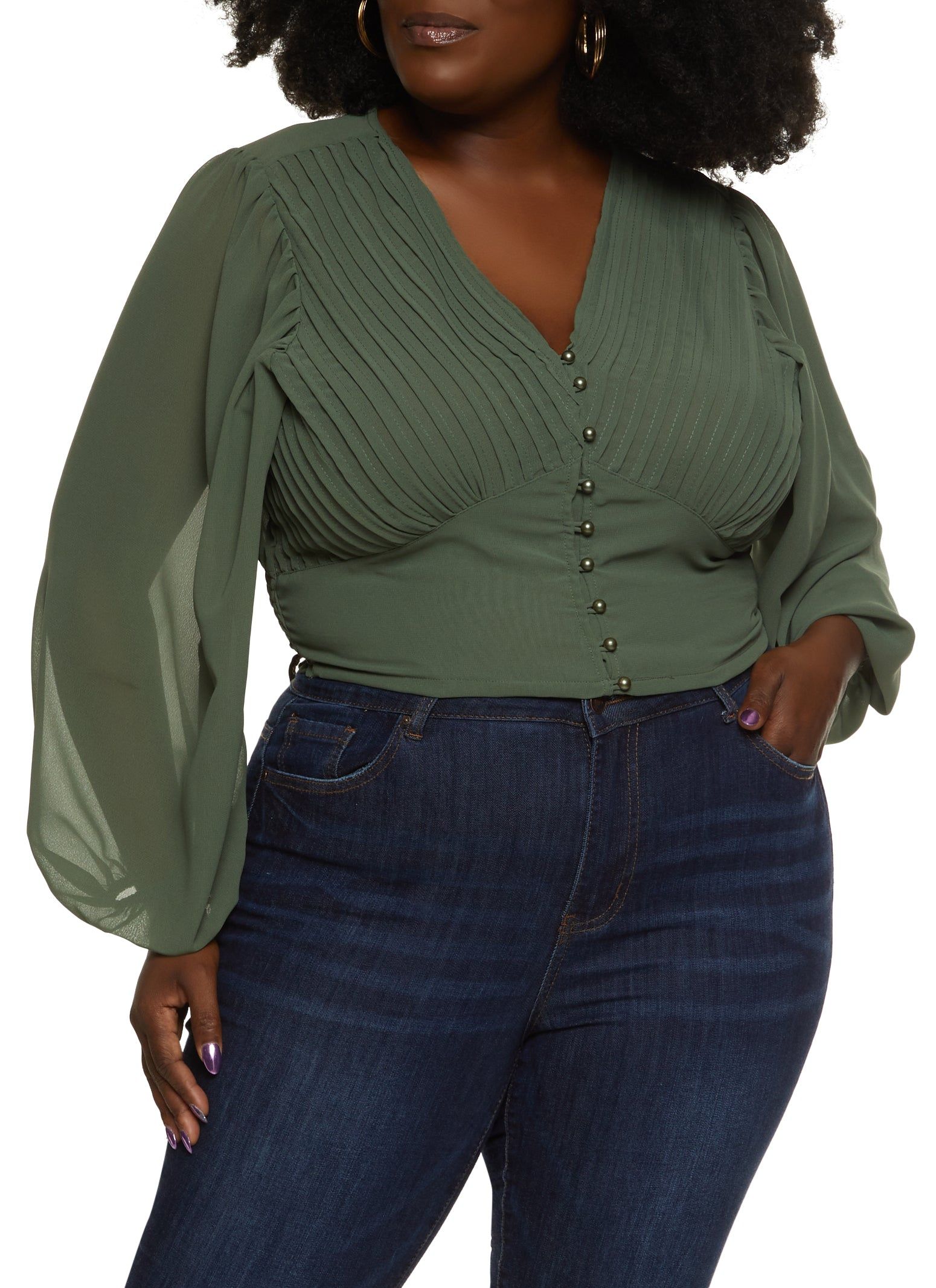 Plus Size Pleated Button Front Blouse sold by Rainbow