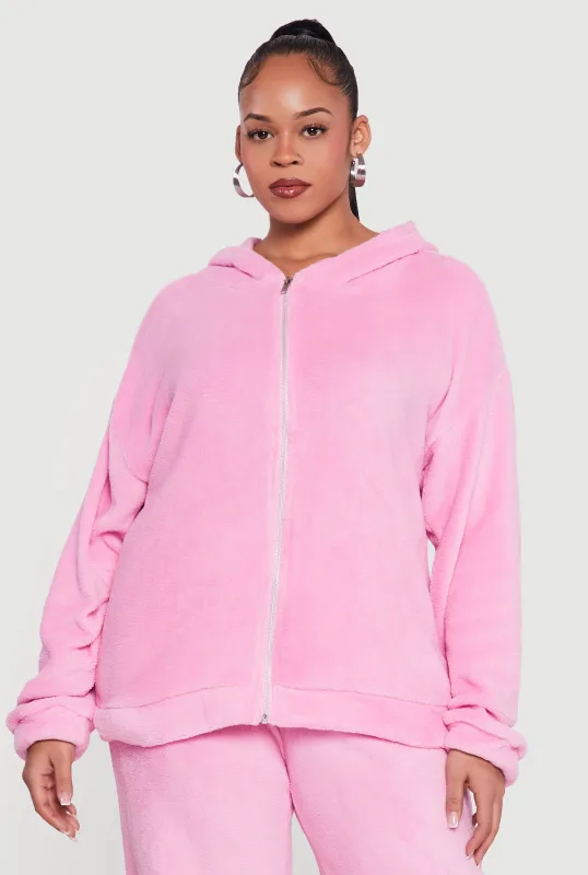Plus Size Plush Zip Front Hooded Sweatshirt sold by Rainbow