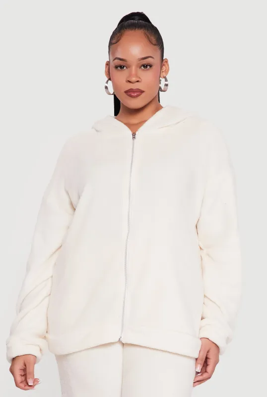Plus Size Plush Zip Front Hooded Sweatshirt made by Rainbow