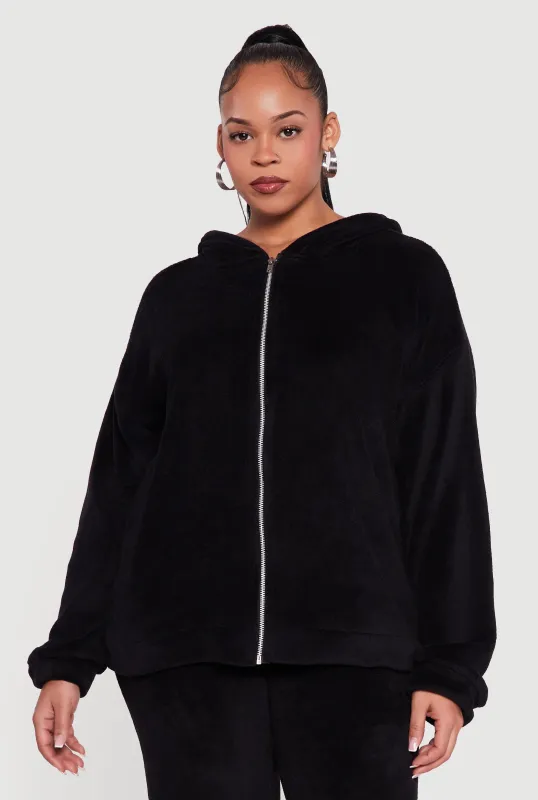 Plus Size Plush Zip Front Hooded Sweatshirt sold by Rainbow