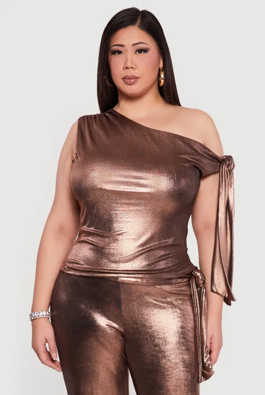 Plus Size Side Tie One Shoulder Asymmetrical Top sold by Rainbow