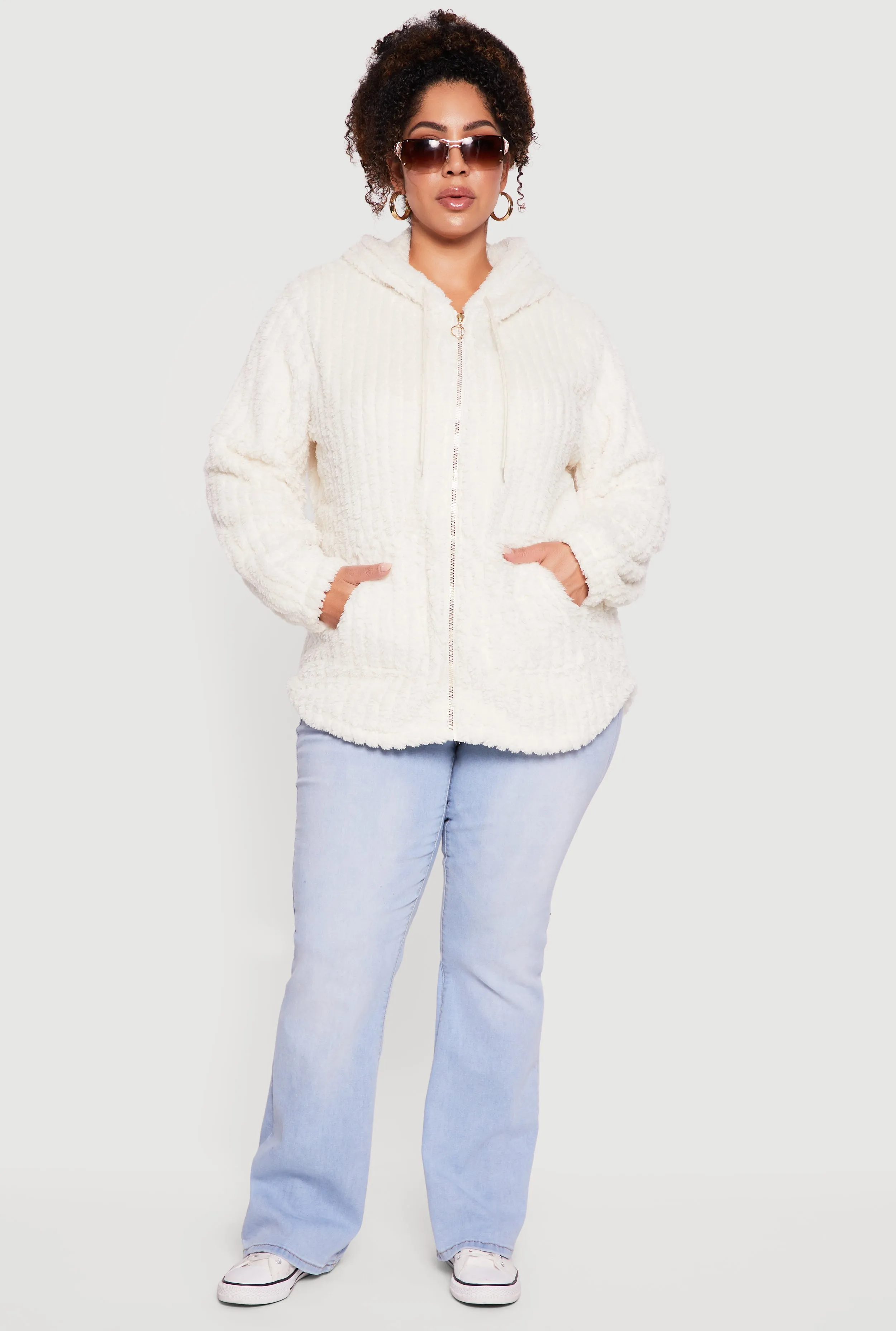 Plus Size Zip Front Hooded Sherpa Jacket sold by Rainbow