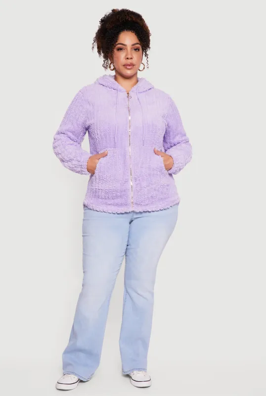 Plus Size Zip Front Hooded Sherpa Jacket sold by Rainbow