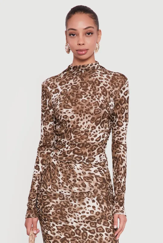 Leopard Print Ruched Long Sleeve Mock Neck Top sold by Rainbow