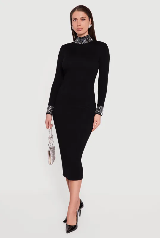 Rhinestone Detail Mock Neck Midi Sweater Dress sold by Rainbow