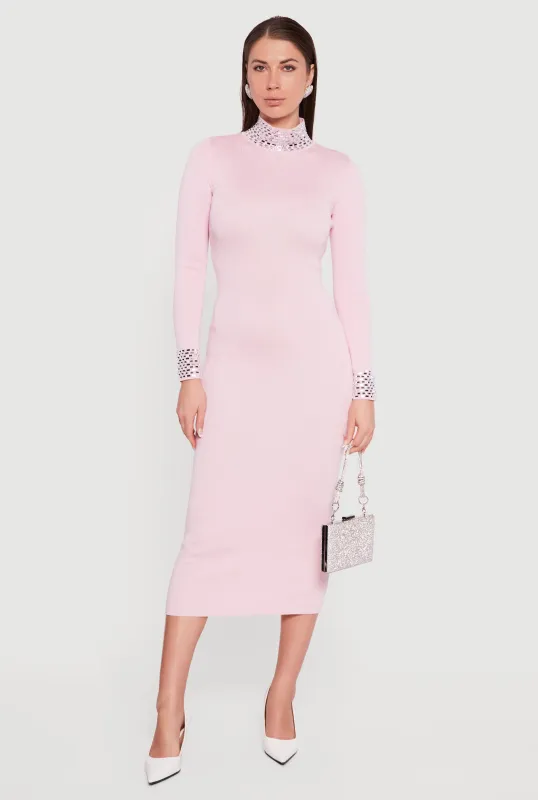 Rhinestone Detail Mock Neck Midi Sweater Dress sold by Rainbow