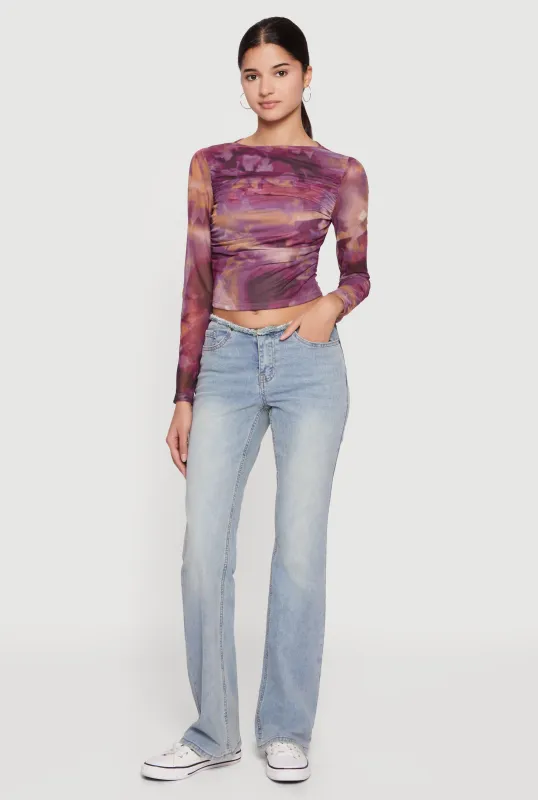 Printed Pattern Ruched Mesh Overlay Crop Top sold by Rainbow