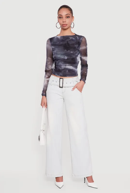 Printed Pattern Ruched Mesh Overlay Crop Top sold by Rainbow