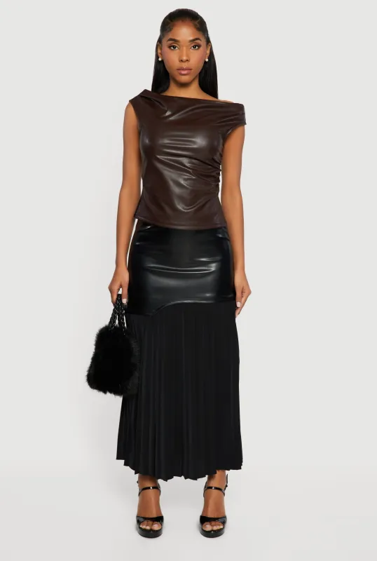 Side Slit Ruched Faux Leather Boat Neck Top sold by Rainbow