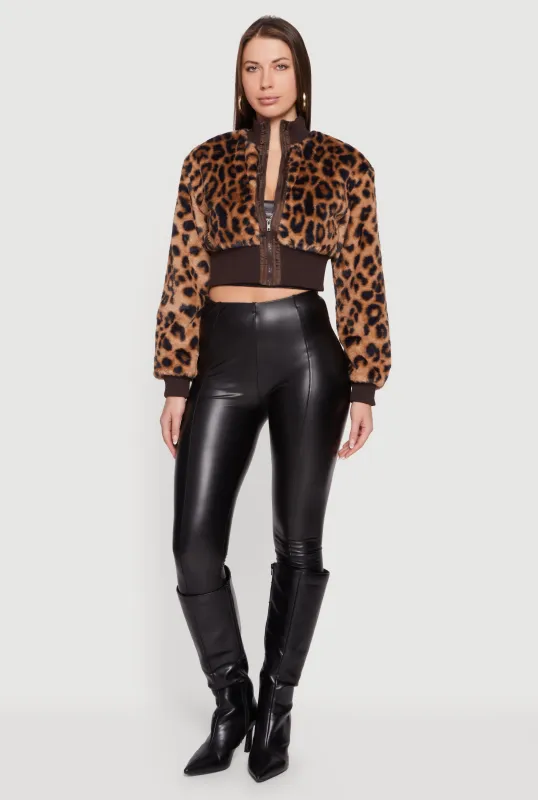Leopard Print Faux Fur Cropped Zip Front Jacket sold by Rainbow