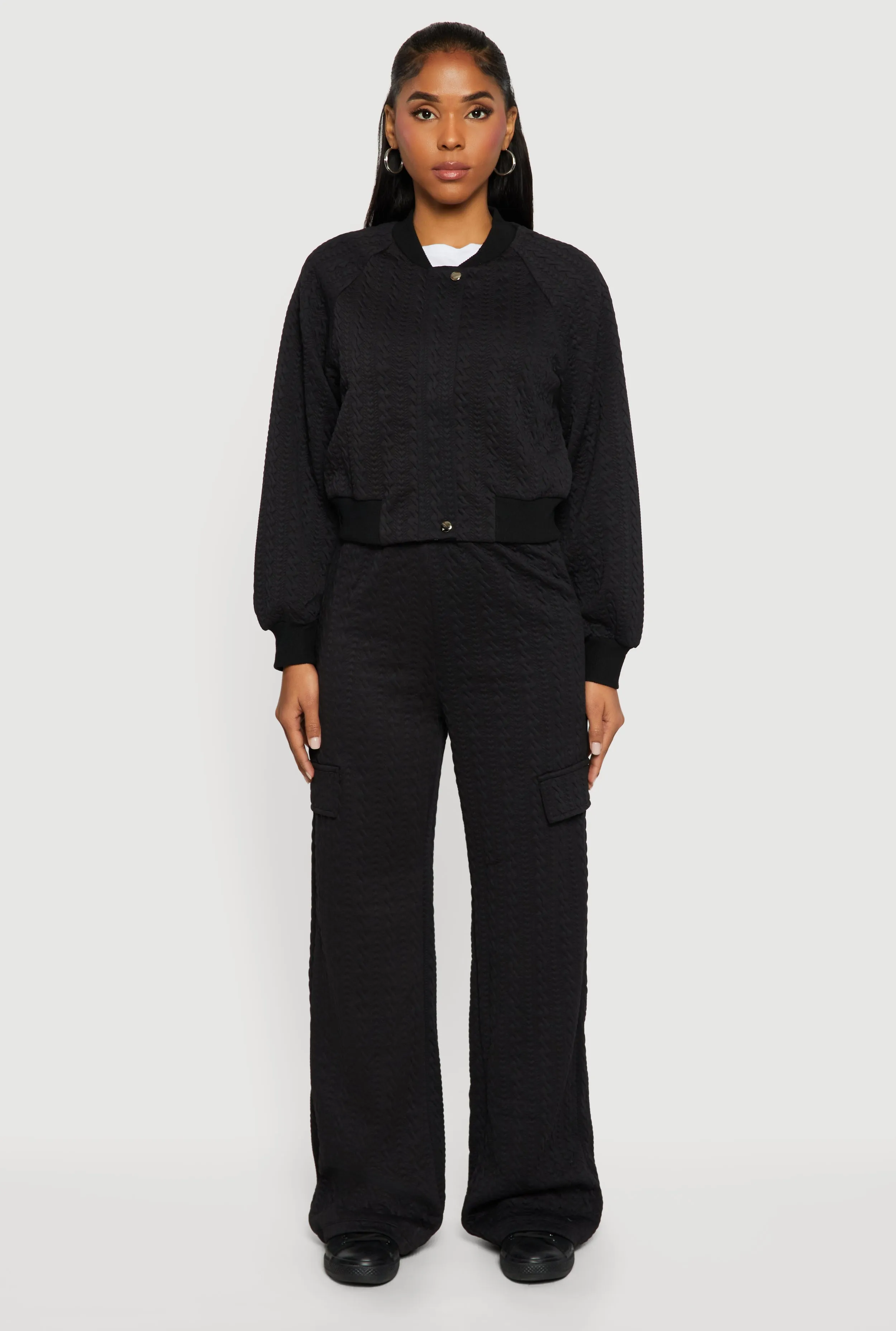 Textured Knit Zip Front Bomber Jacket sold by Rainbow